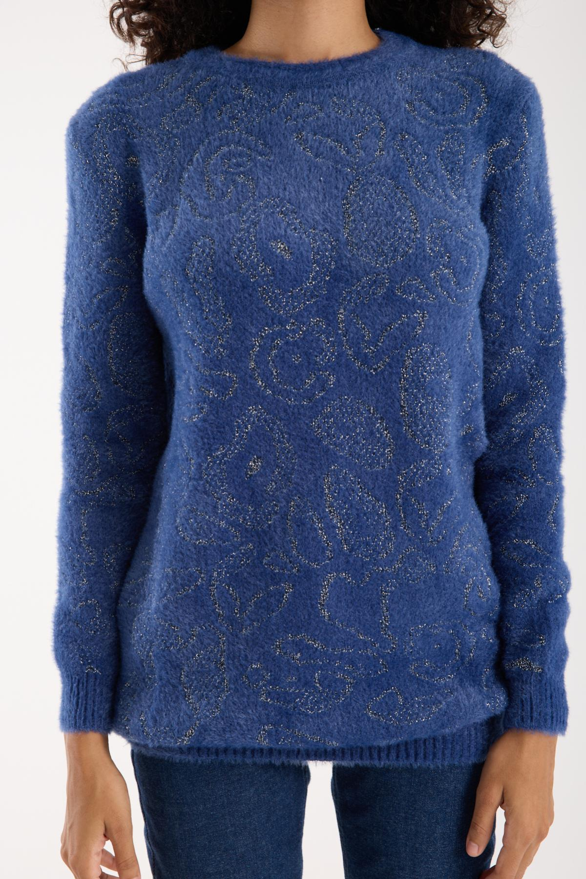 Wholesale Women Indigo Lurex Crew-Neck Knit Blouse with Side Slits 738857