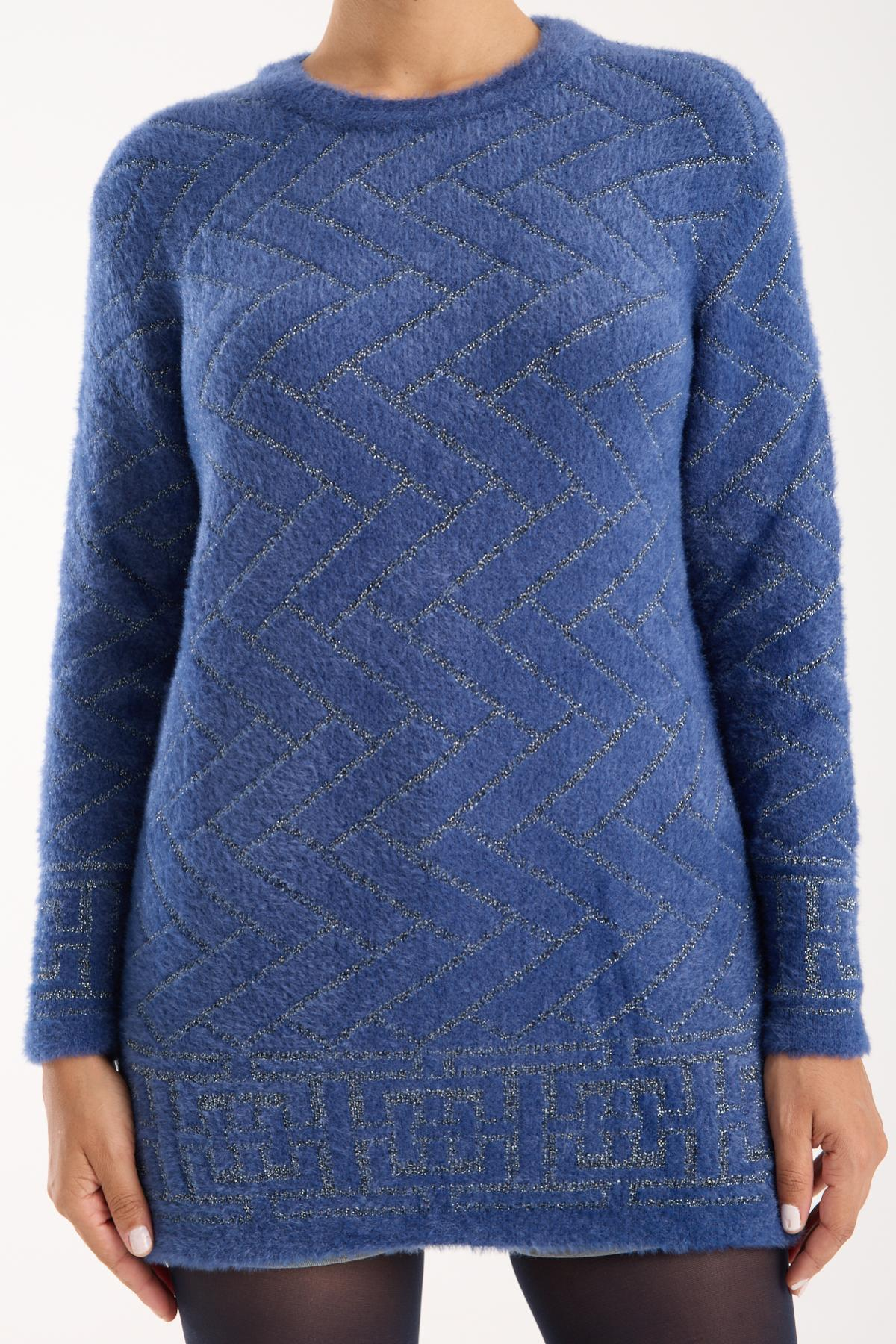 Wholesale Women Indigo Lurex Crew-Neck Knit Blouse with Side Slits 738849