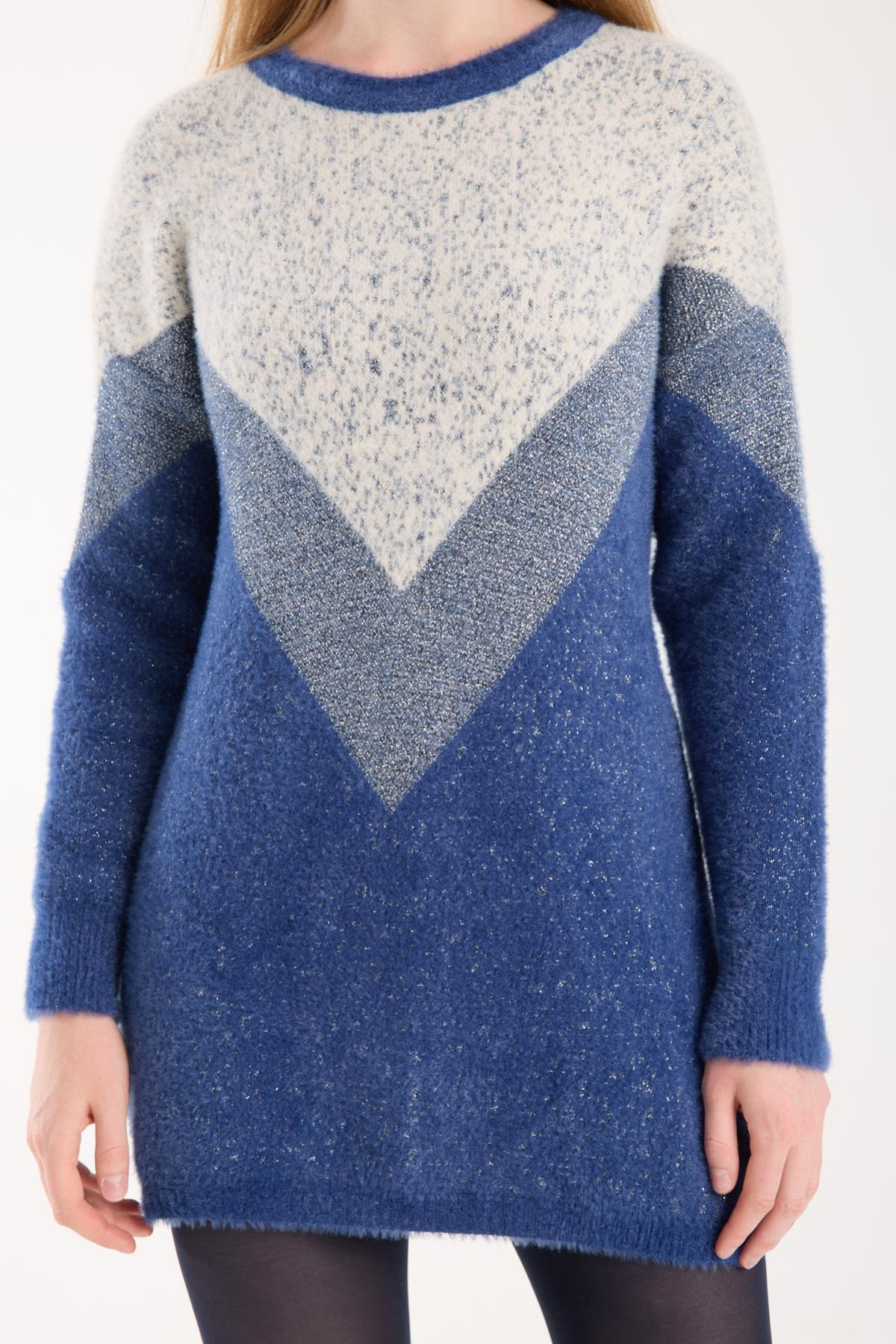 Wholesale Women Indigo Two-Tone Crew-Neck Lurex Knit Blouse 738871