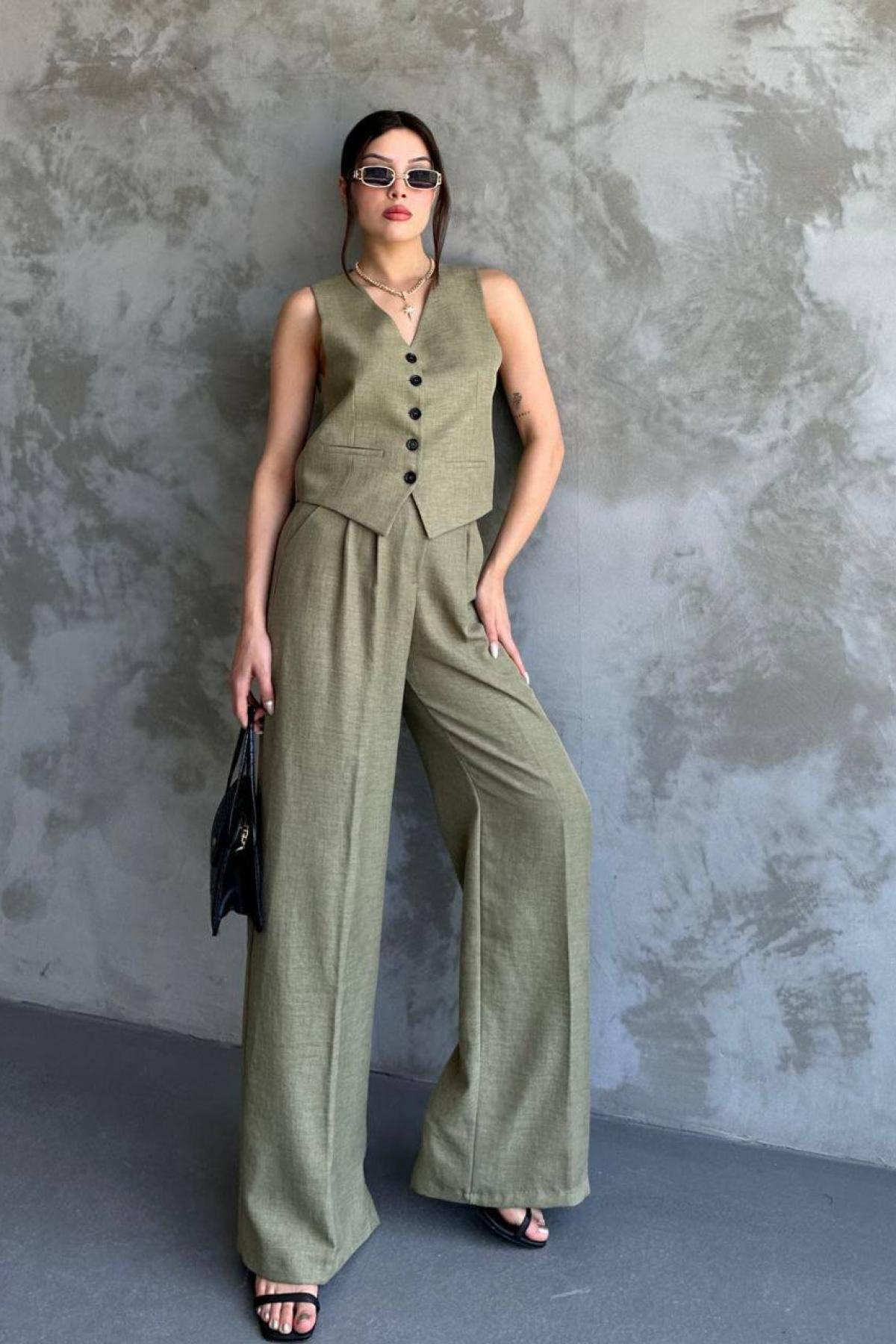 Wholesale Women Khaki Linen Suit Vest and Trouser Set 730914