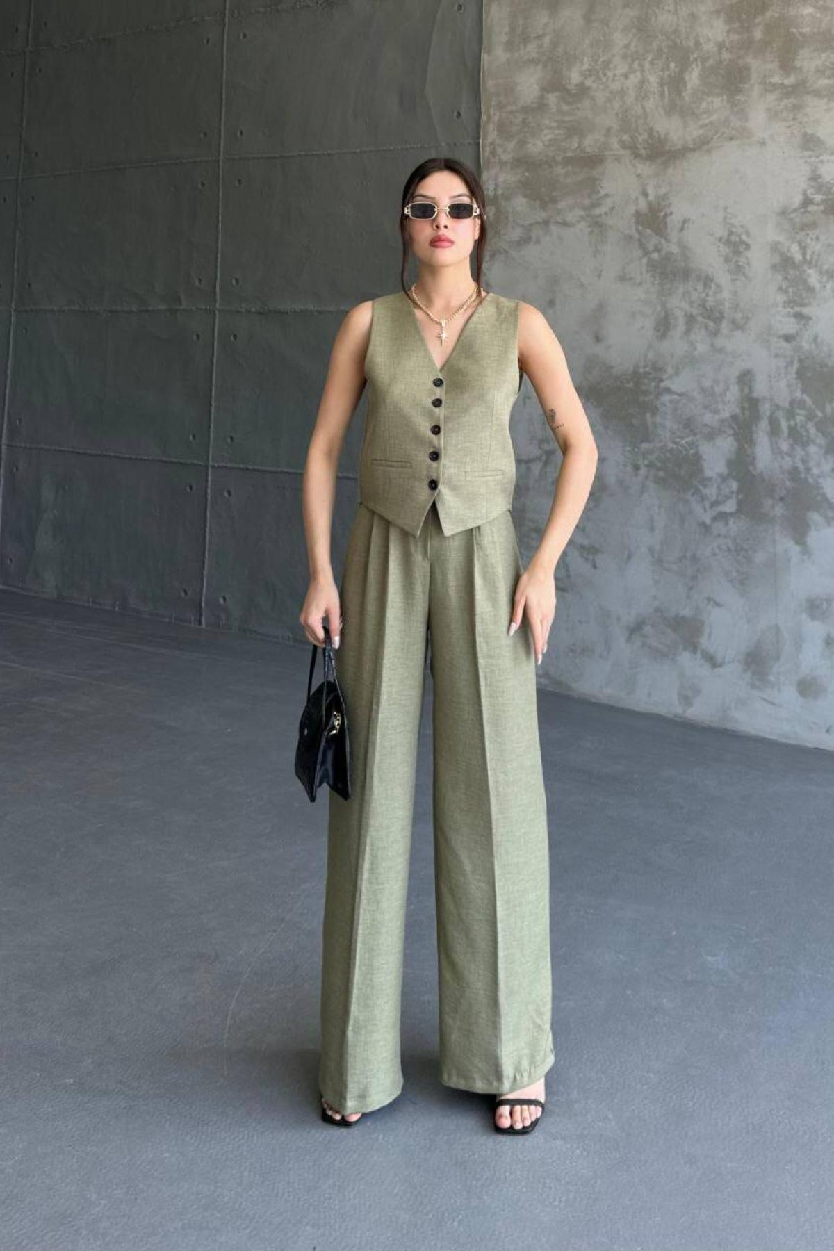 Wholesale Women Khaki Linen Suit Vest and Trouser Set 730914