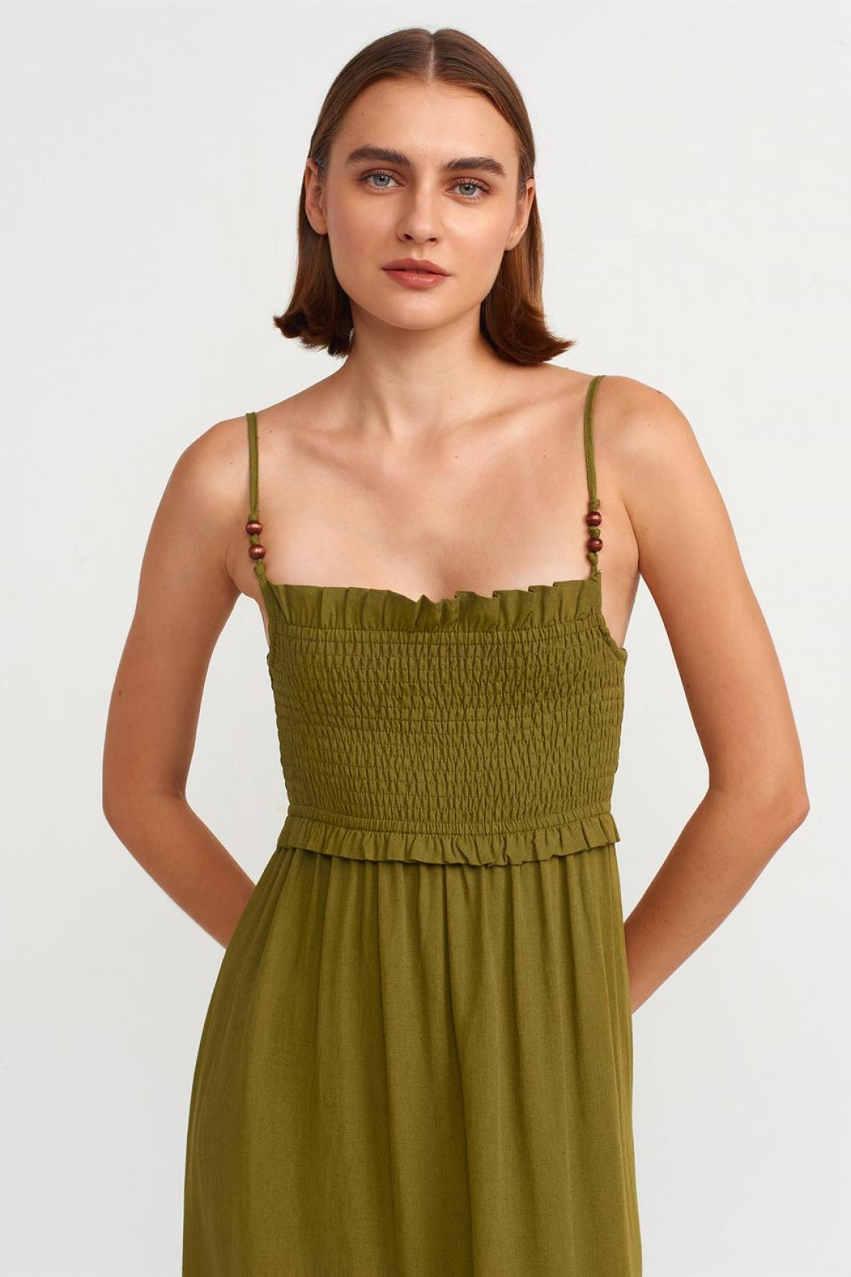 Wholesale Women  Khaki Pleated Detailed Midi Dress 707341