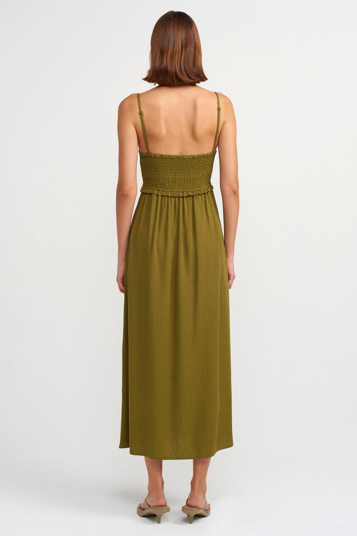 Wholesale Women  Khaki Pleated Detailed Midi Dress 707341