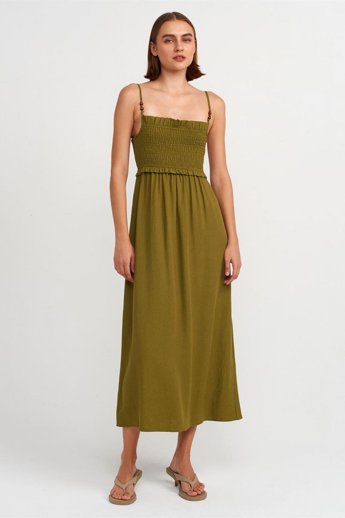 Wholesale Women  Khaki Pleated Detailed Midi Dress 707341