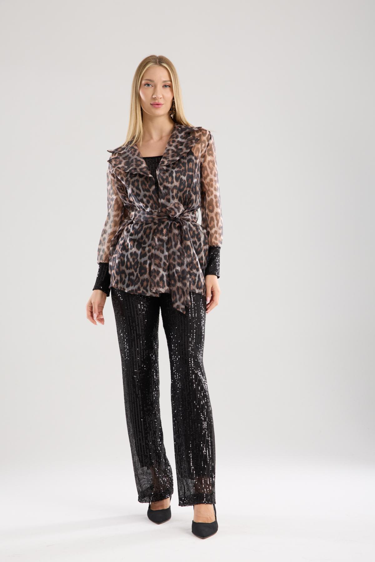 Wholesale Women Leopard Organza Jacket with Sequined Tank Top Inside 733377