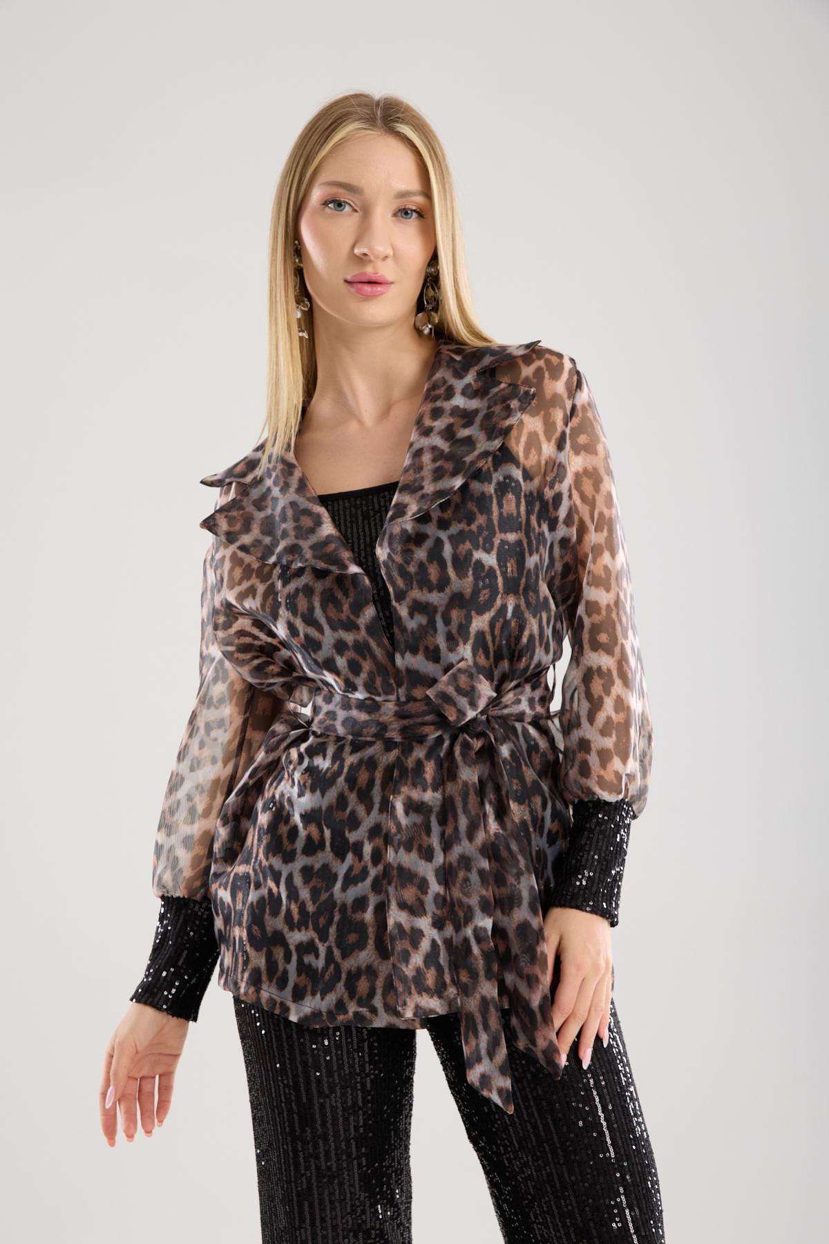 Wholesale Women Leopard Organza Jacket with Sequined Tank Top Inside 733377