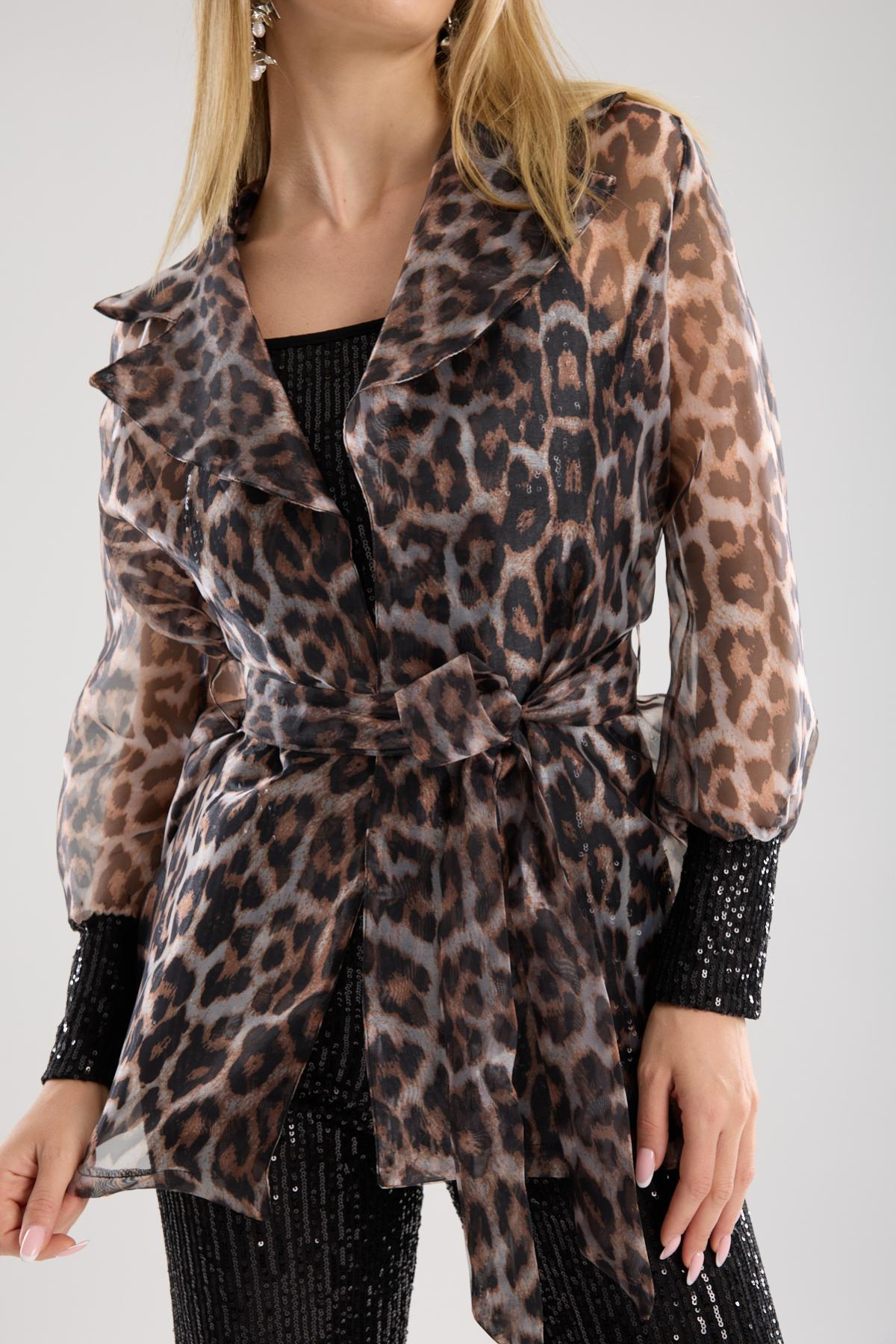 Wholesale Women Leopard Organza Jacket with Sequined Tank Top Inside 733377