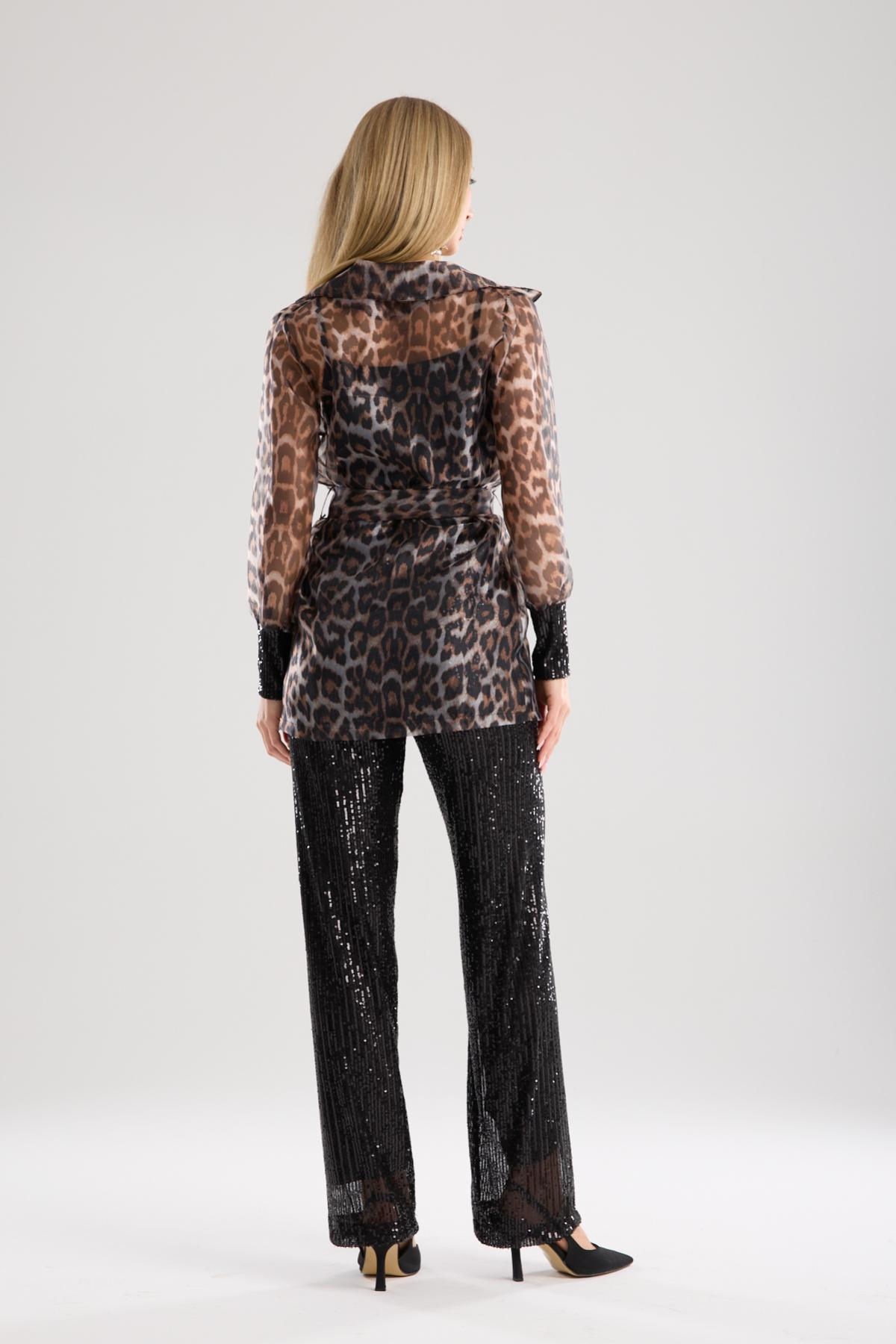 Wholesale Women Leopard Organza Jacket with Sequined Tank Top Inside 733377