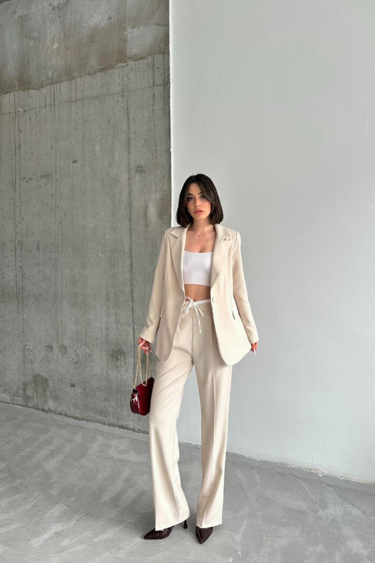 Wholesale Women Light Beige Blazer and Pants Set 737268