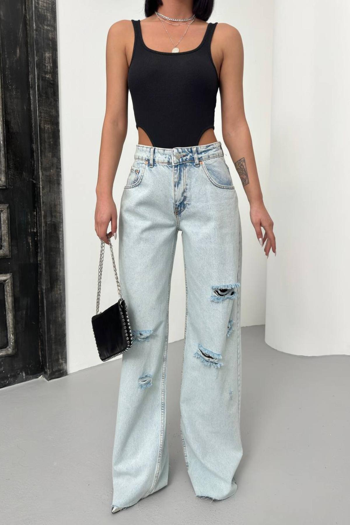 Wholesale Women Light Blue  Laser Palazzo Jeans 731144