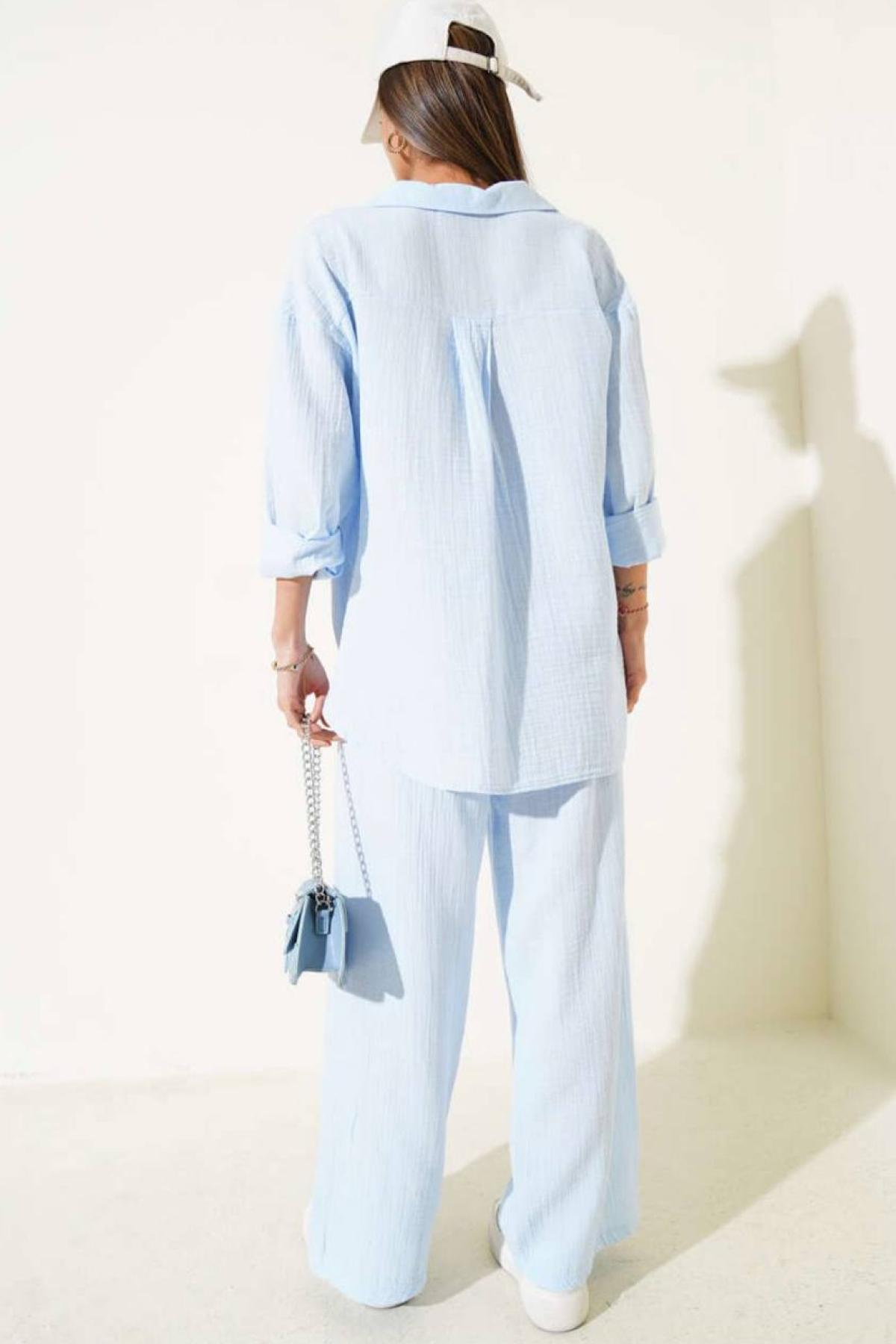 Wholesale Women Light Blue Muslin Fabric Shirt Trouser Set 731149