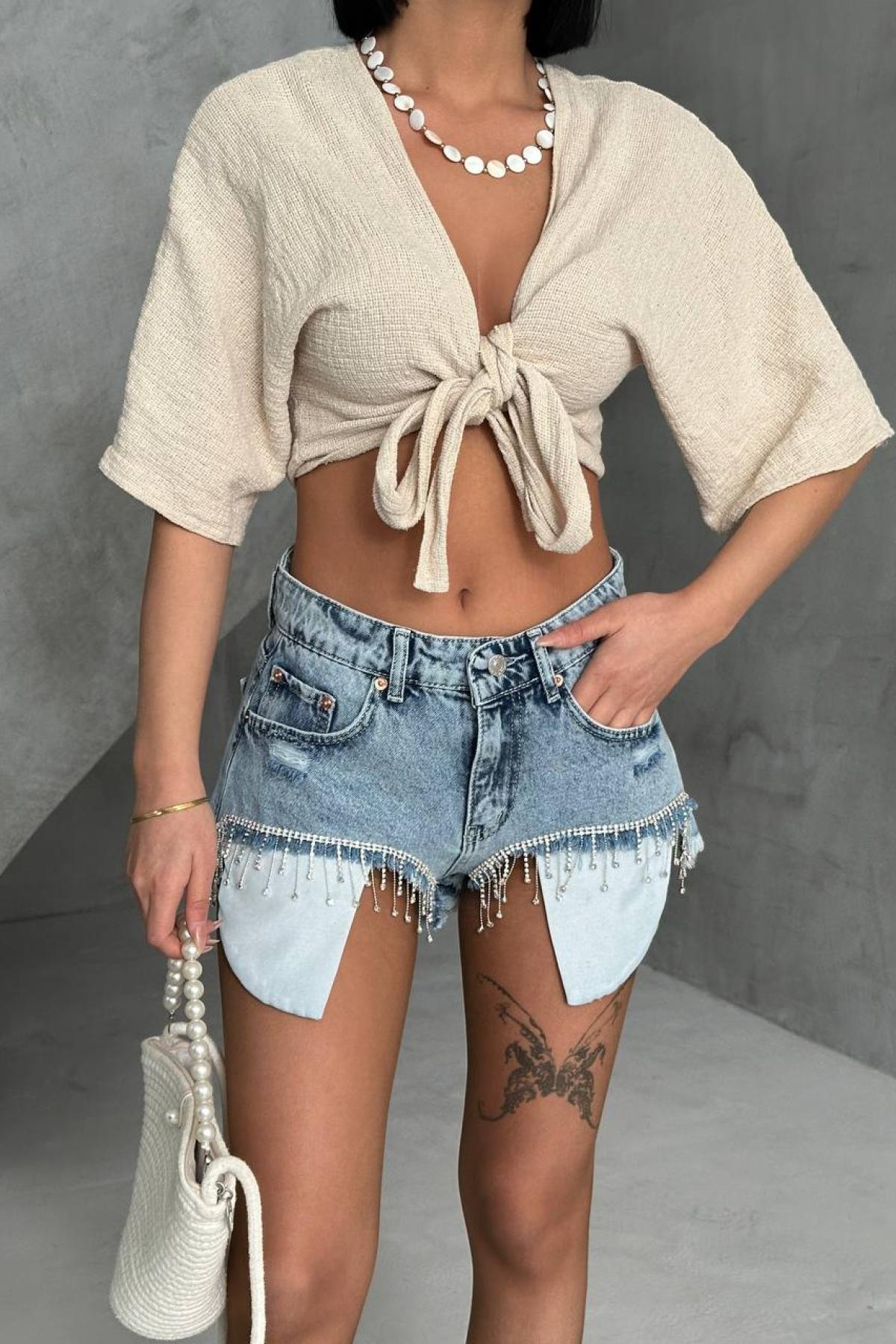 Wholesale Women Light  Blue Rhinestone Shorts 732095