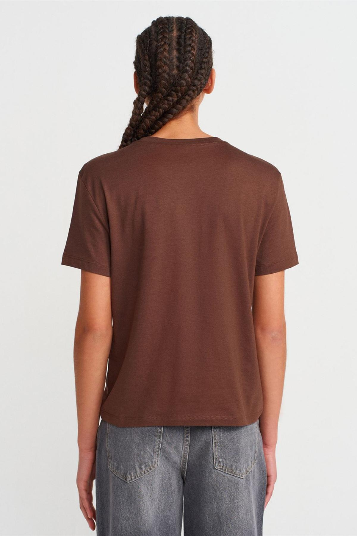 Wholesale Women Light Coffee Brown Crew Neck Modal T-shirt 733523