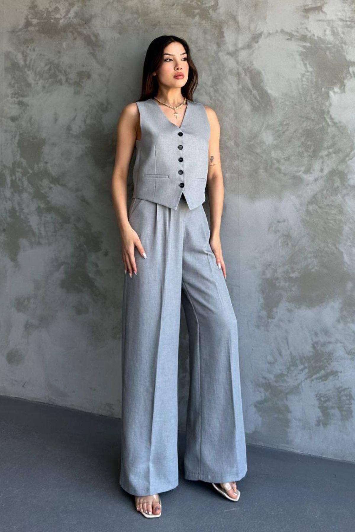 Wholesale Women Light Gray Linen Suit Vest and Trouser Set 730918