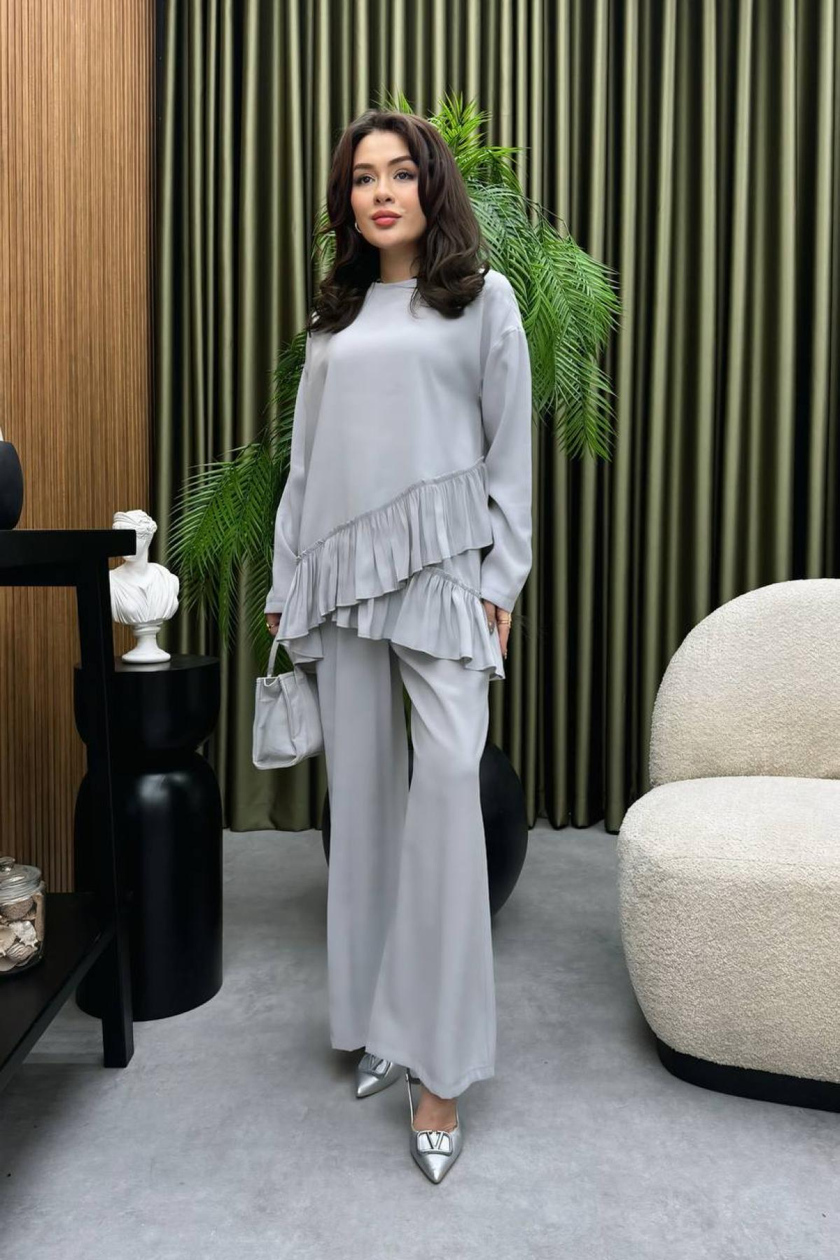 Wholesale Women Light Gray Two Piece Suit Blouse and Pants Set 728743