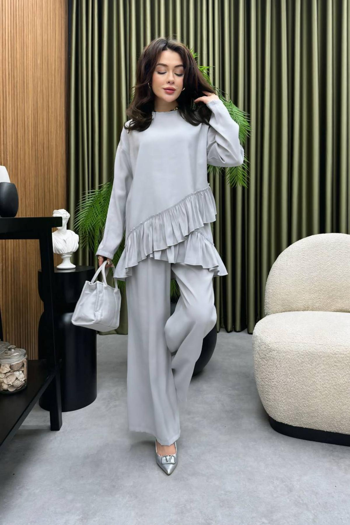 Wholesale Women Light Gray Two Piece Suit Blouse and Pants Set 728743