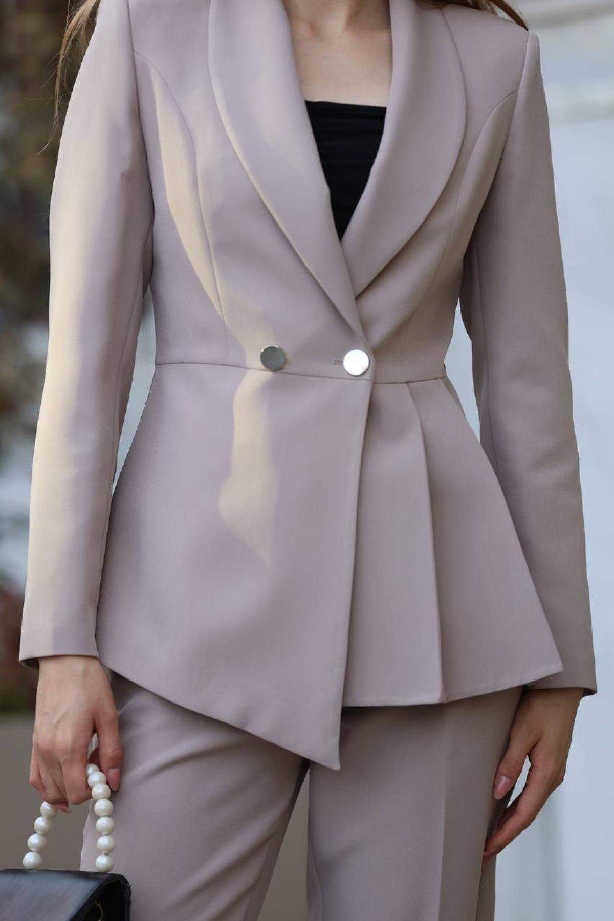 Wholesale Women Light Gray Two Piece Suit Blazer and Pants Set 718367