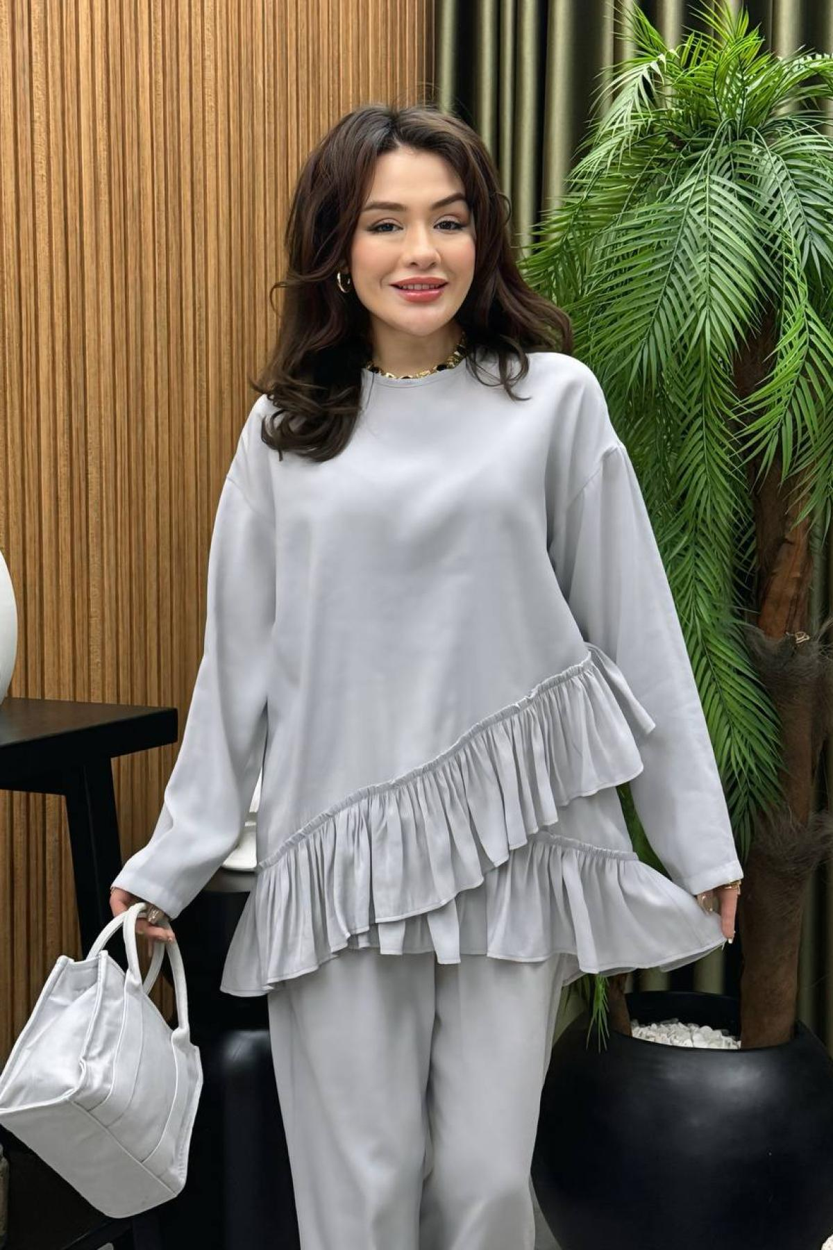 Wholesale Women Light Gray Two Piece Suit Blouse and Pants Set 728743
