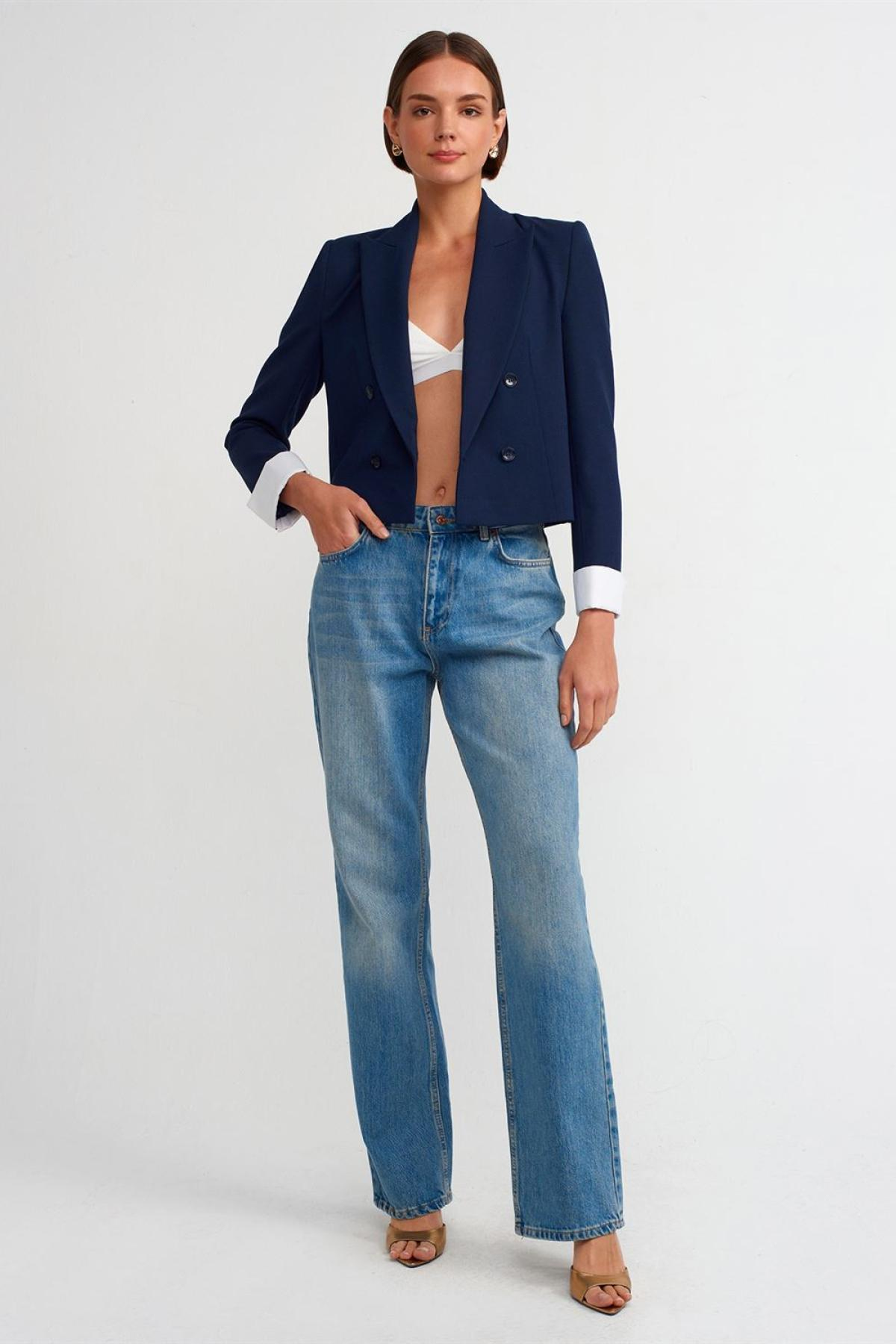 Wholesale Women Light Navy Contrast Cuffed Blazer Jacket 732518