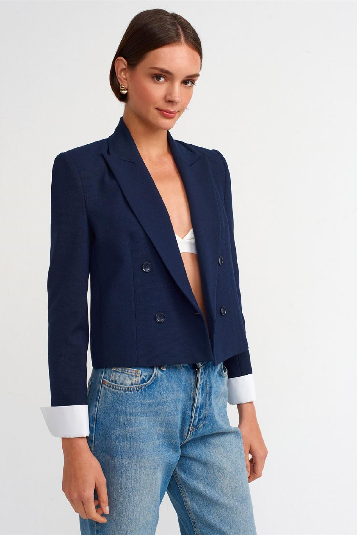 Wholesale Women Light Navy Contrast Cuffed Blazer Jacket 732518