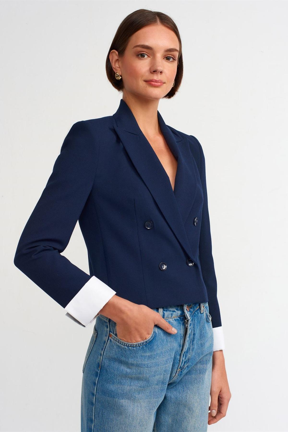 Wholesale Women Light Navy Contrast Cuffed Blazer Jacket 732518