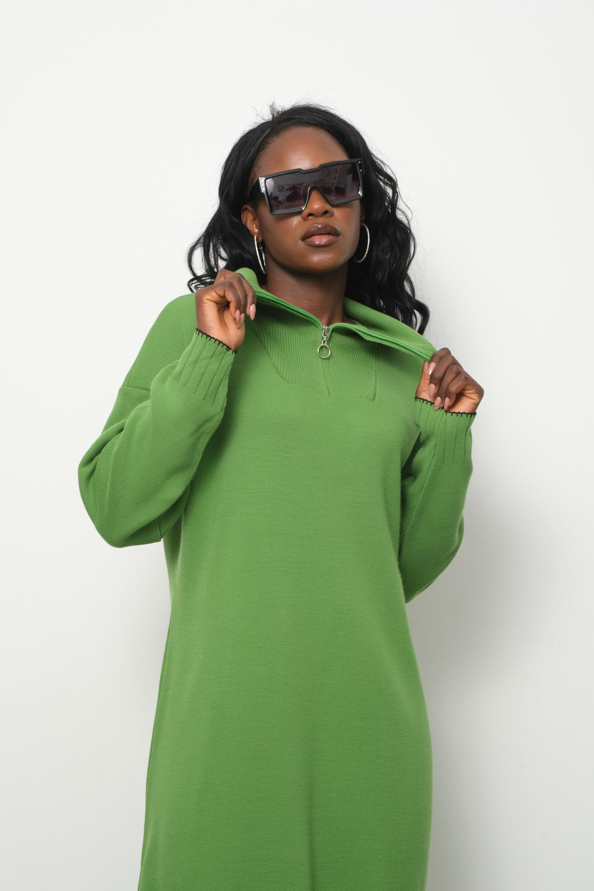 Wholesale Women Lime Green Zip-Neck Knitted Maxi Dresses 710107