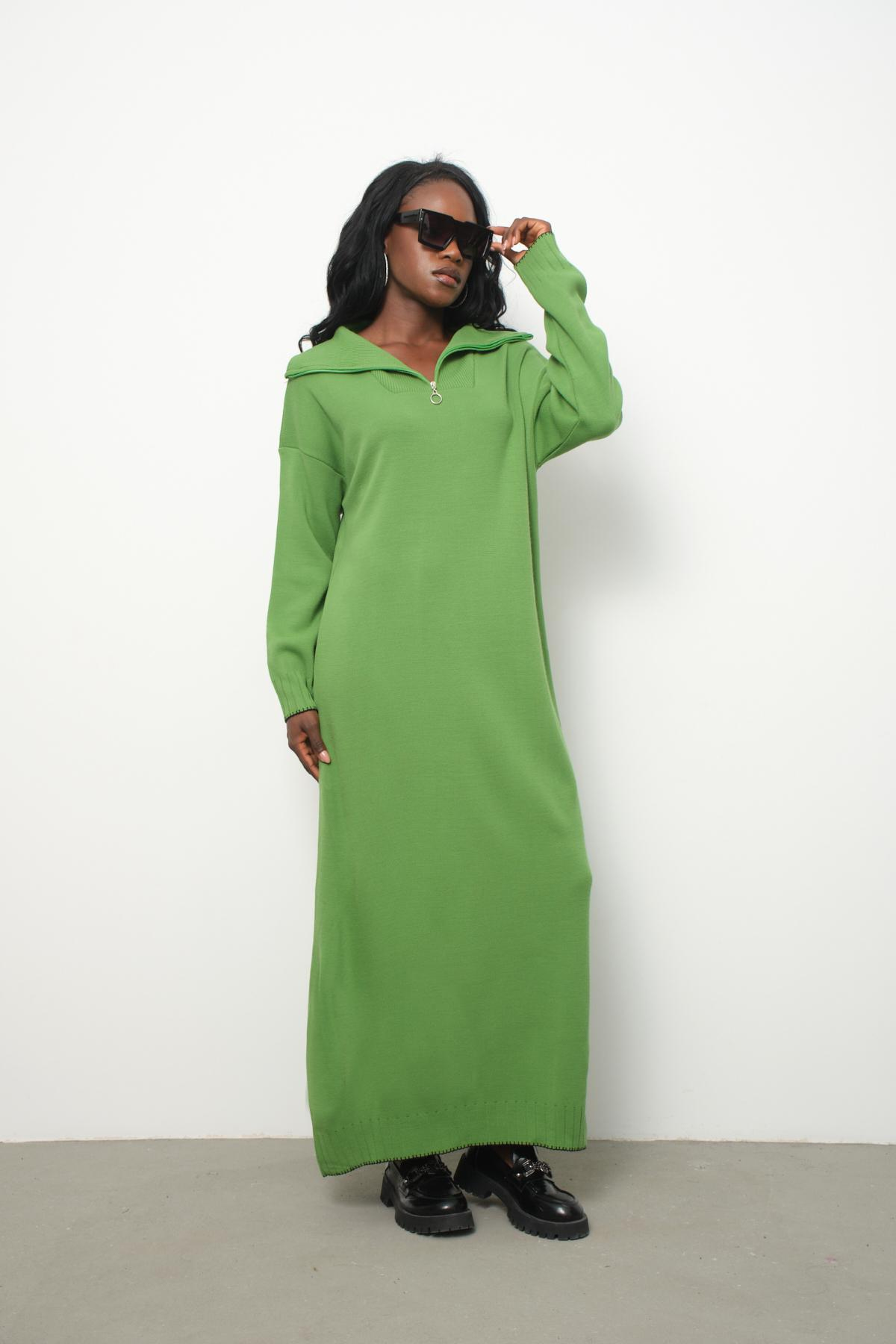 Wholesale Women Lime Green Zip-Neck Knitted Maxi Dresses 710107