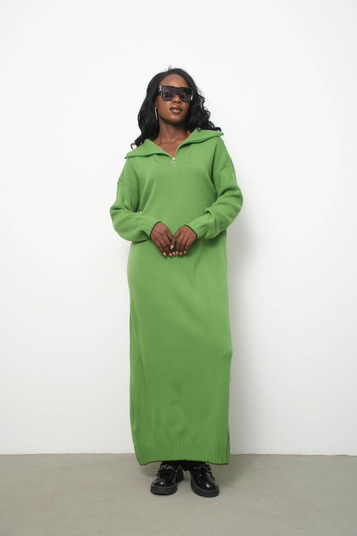 Wholesale Women Lime Green Zip-Neck Knitted Maxi Dresses 710107