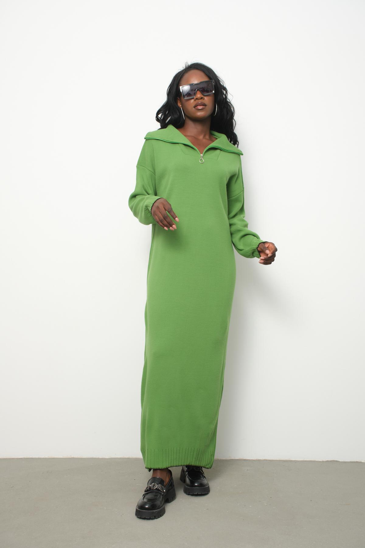 Wholesale Women Lime Green Zip-Neck Knitted Maxi Dresses 710107