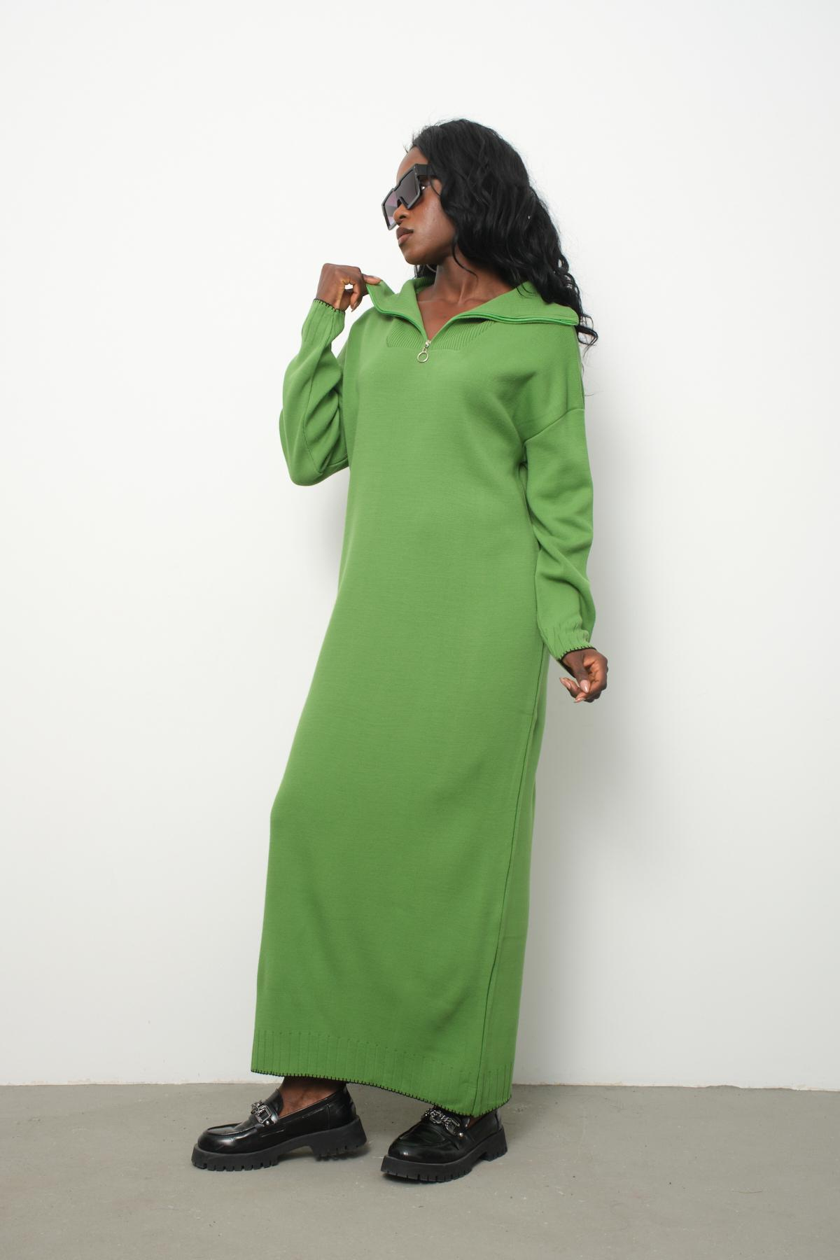 Wholesale Women Lime Green Zip-Neck Knitted Maxi Dresses 710107