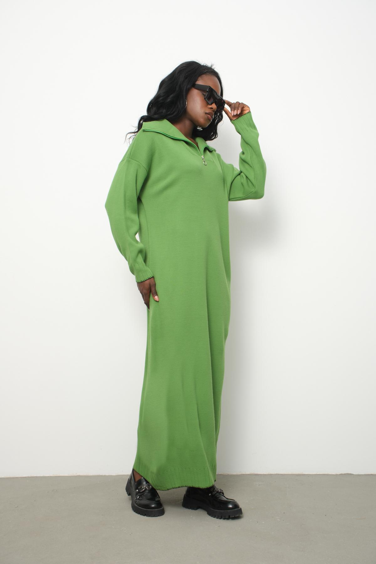 Wholesale Women Lime Green Zip-Neck Knitted Maxi Dresses 710107
