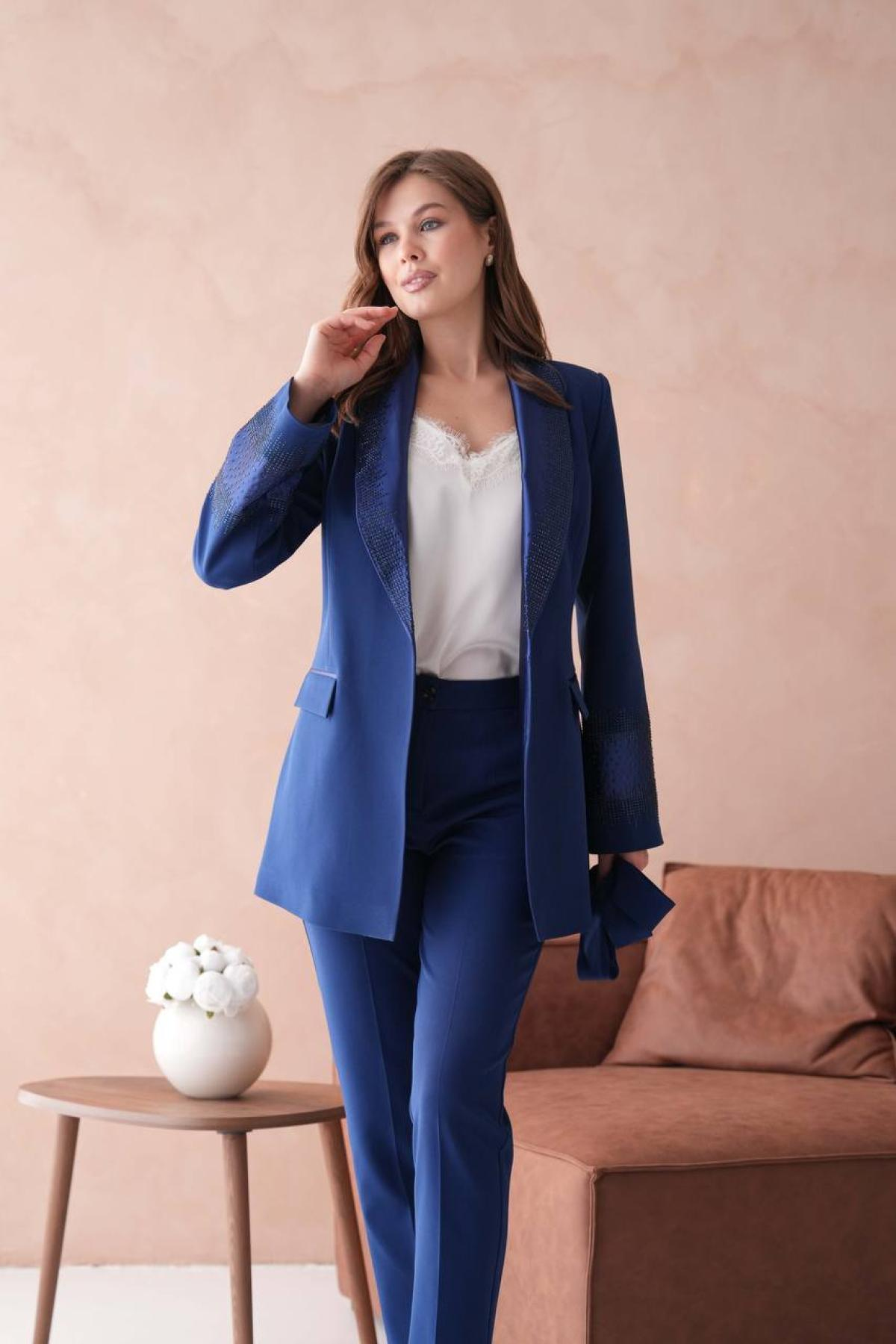 Wholesale Women Midnight Blue Two Piece Suit Plus Size - Blazer and Pants Set 721227