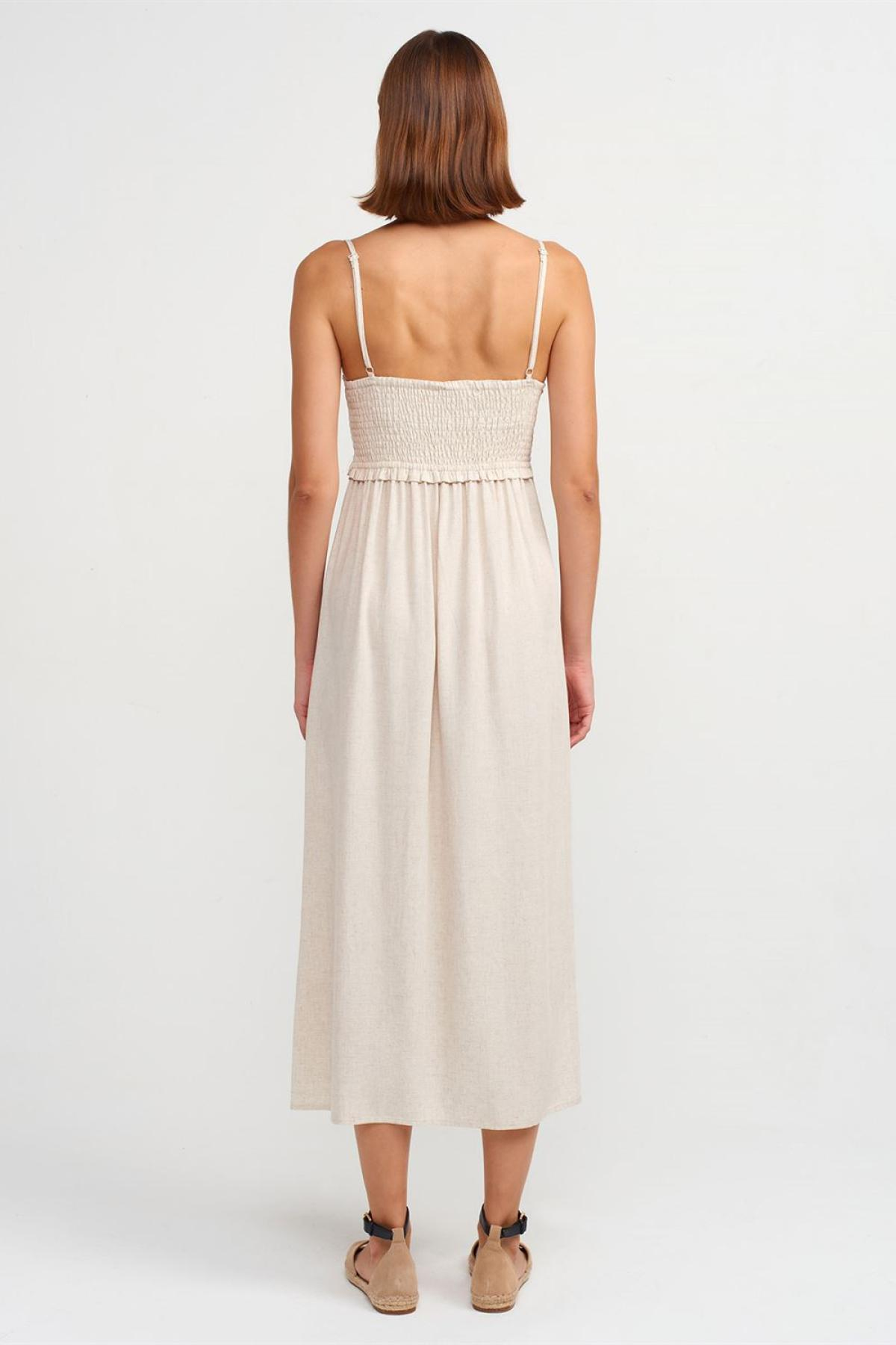 Wholesale Women  Natural Pleated Detailed Midi Dress 707345