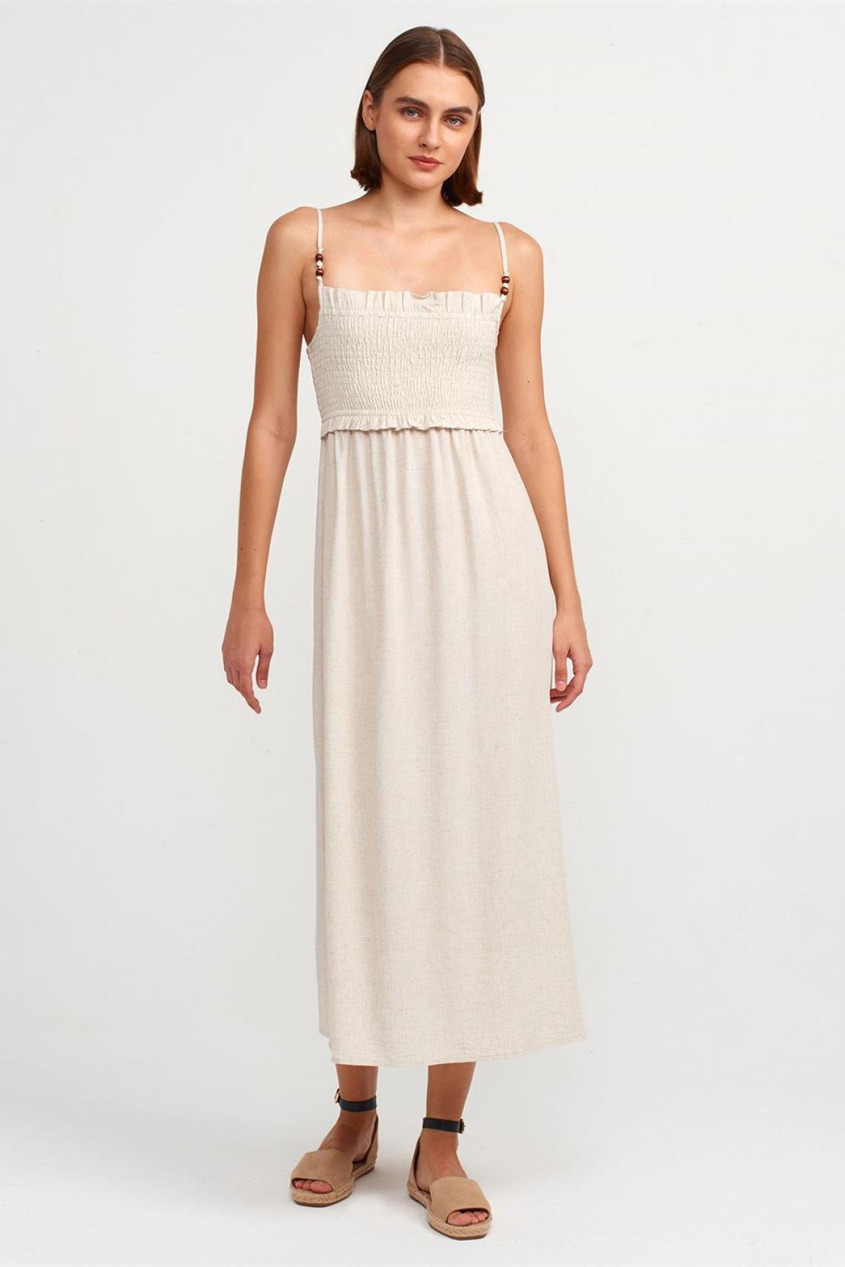 Wholesale Women  Natural Pleated Detailed Midi Dress 707345