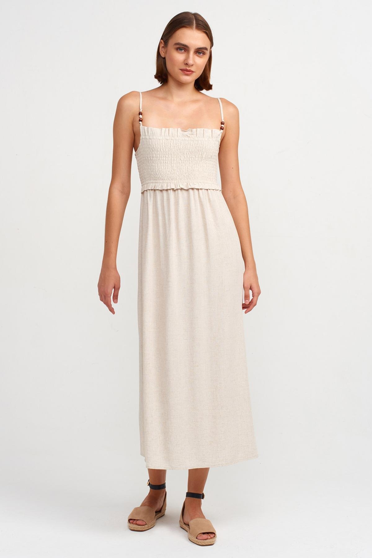 Wholesale Women Natural Pleated Midi Dress 725499