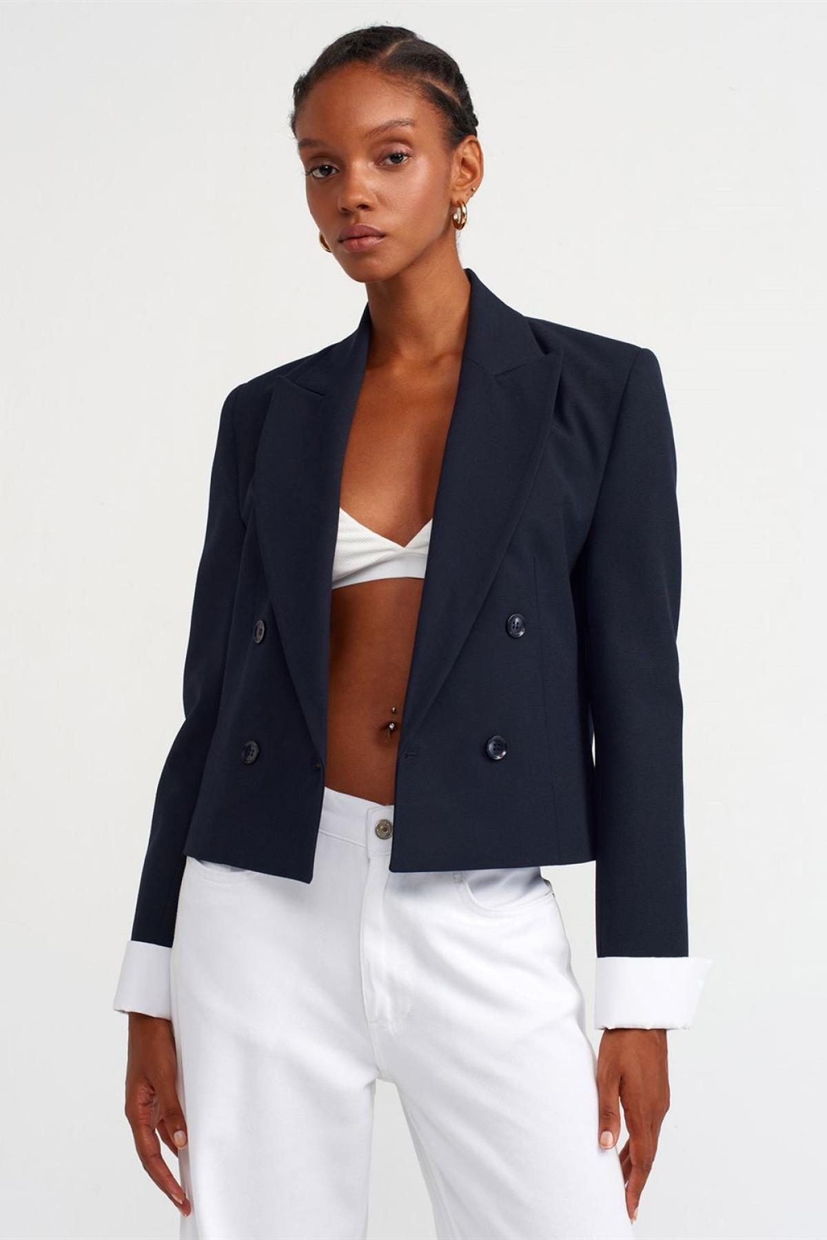 Wholesale Women Navy Contrast Cuffed Blazer Jacket 732516