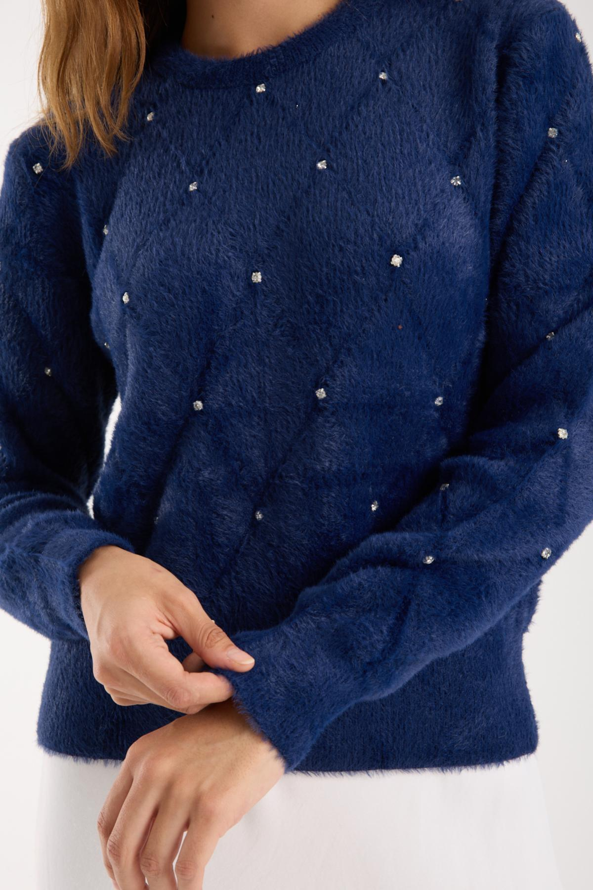 Wholesale Women Navy Crew-Neck Knit Blouse with Rhinestone Embellishments 738894
