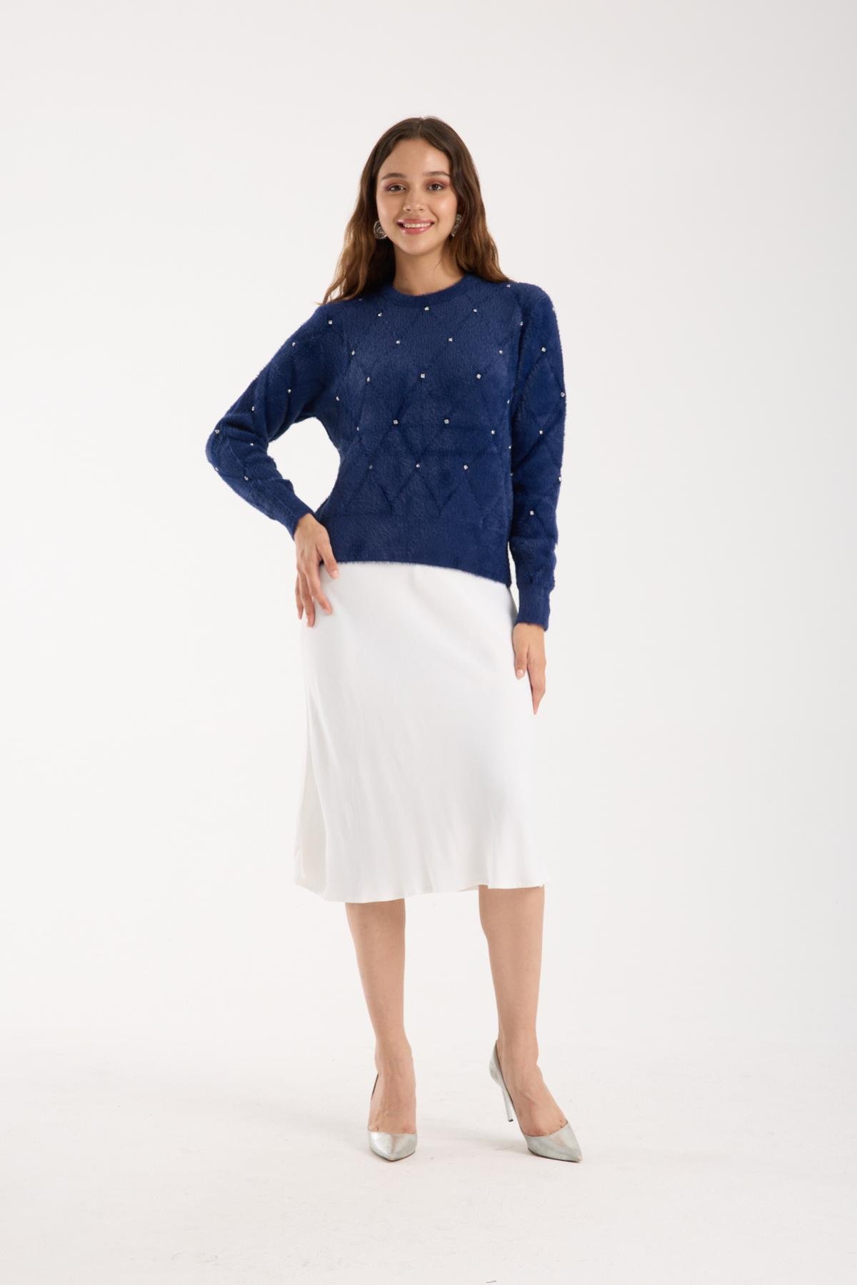 Wholesale Women Navy Crew-Neck Knit Blouse with Rhinestone Embellishments 738894