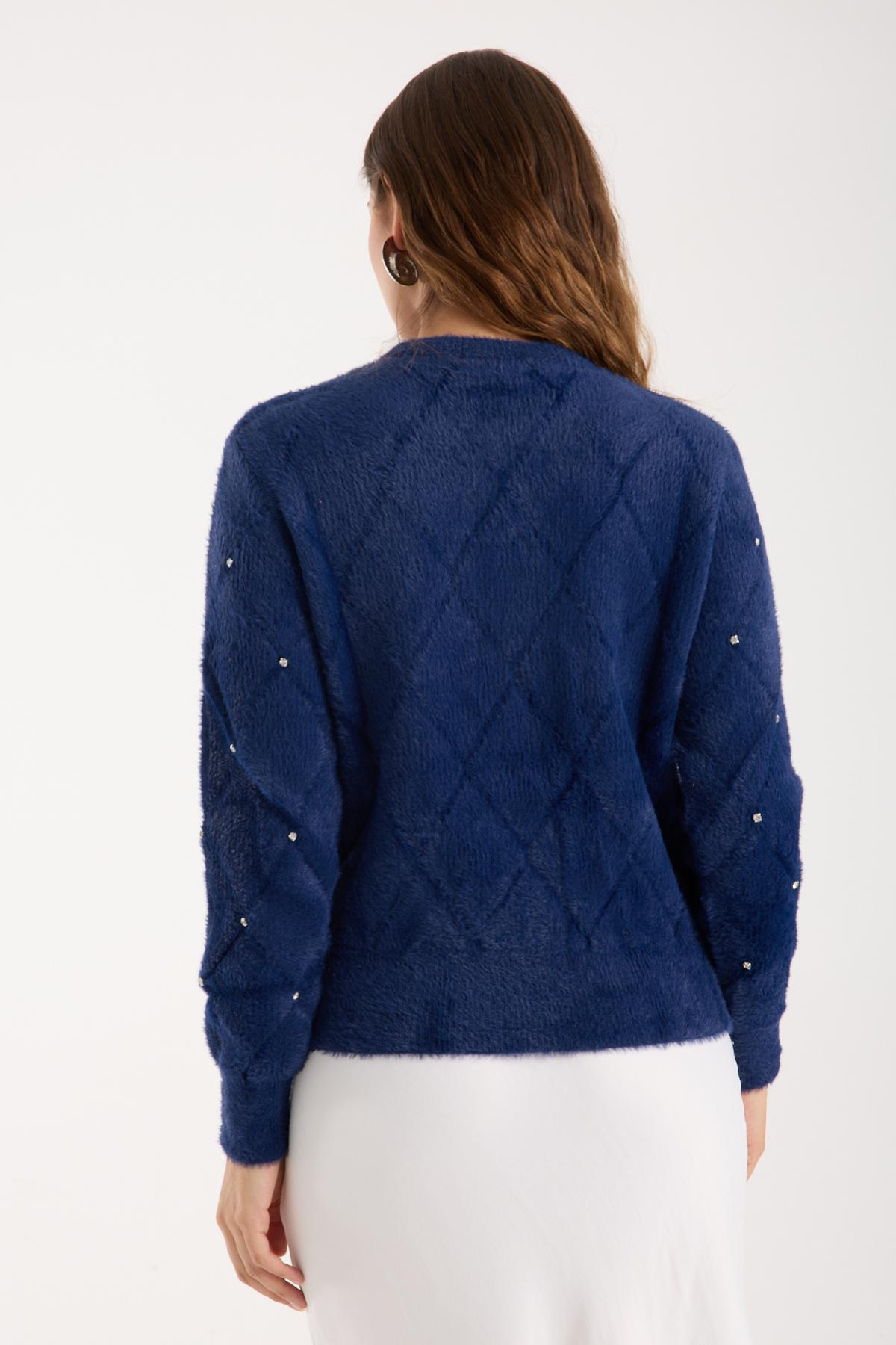 Wholesale Women Navy Crew-Neck Knit Blouse with Rhinestone Embellishments 738894