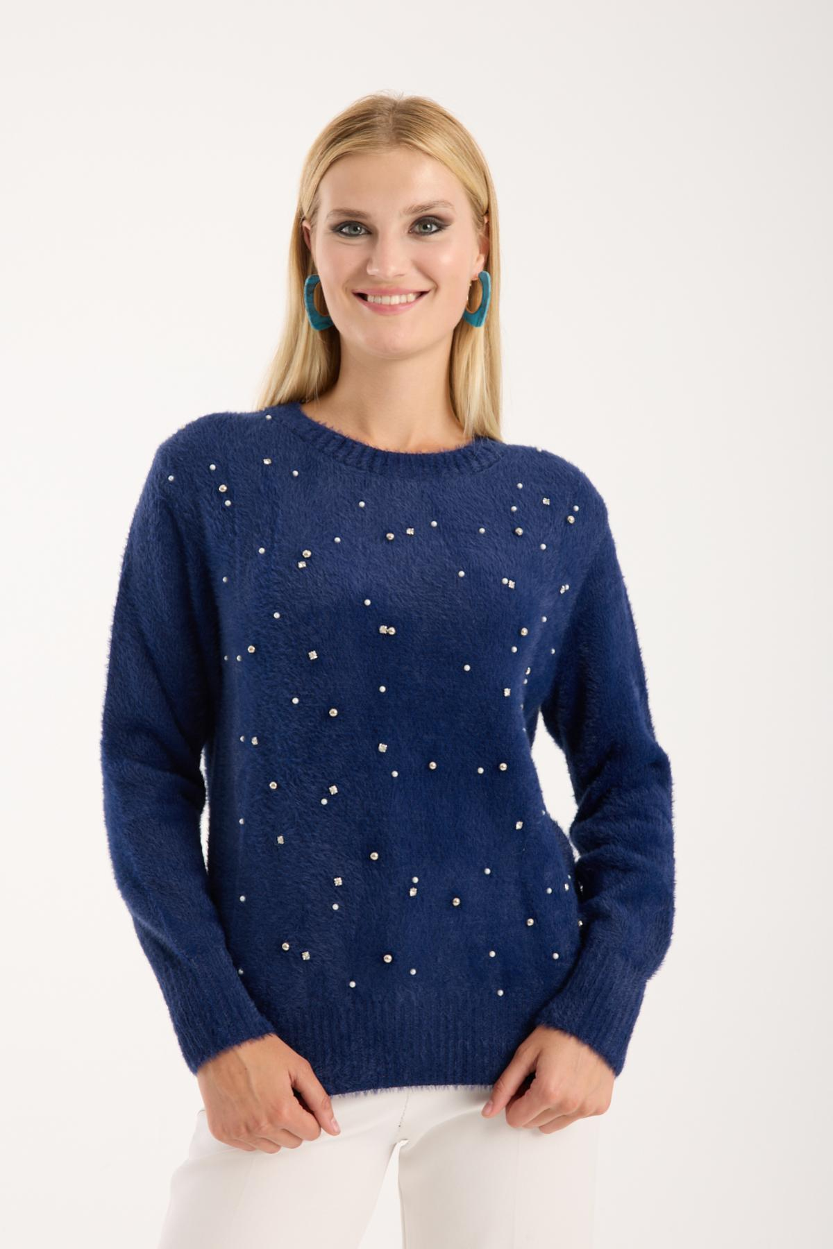 Wholesale Women Navy Crew-Neck Knit Blouse with Rhinestone and Pearl Embellishments 738887