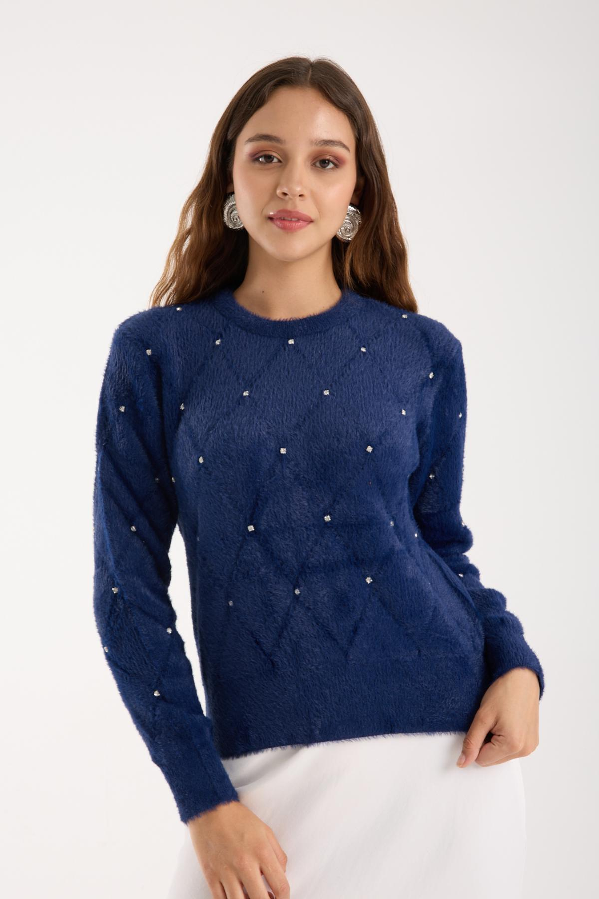 Wholesale Women Navy Crew-Neck Knit Blouse with Rhinestone Embellishments 738894