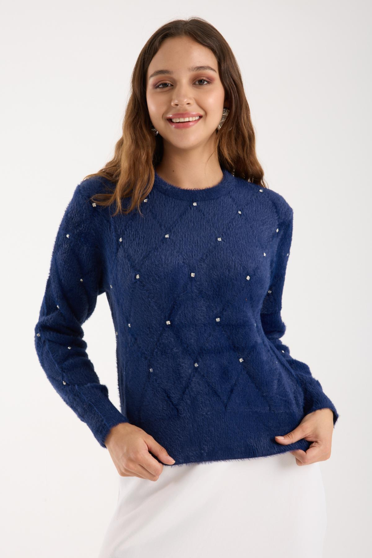 Wholesale Women Navy Crew-Neck Knit Blouse with Rhinestone Embellishments 738894
