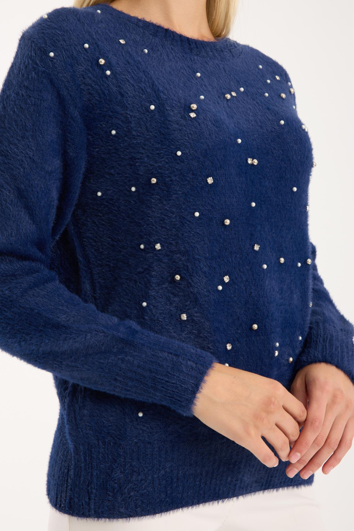 Wholesale Women Navy Crew-Neck Knit Blouse with Rhinestone and Pearl Embellishments 738887