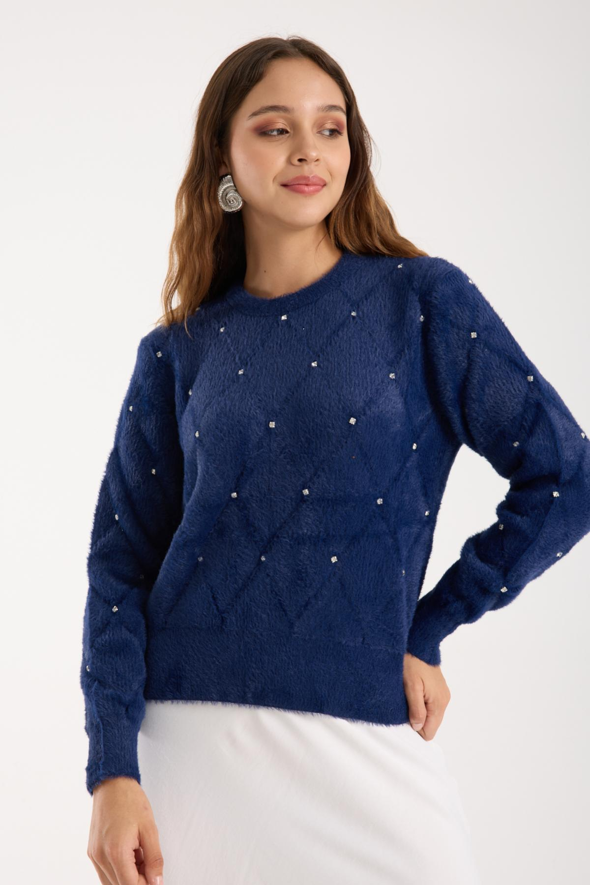 Wholesale Women Navy Crew-Neck Knit Blouse with Rhinestone Embellishments 738894