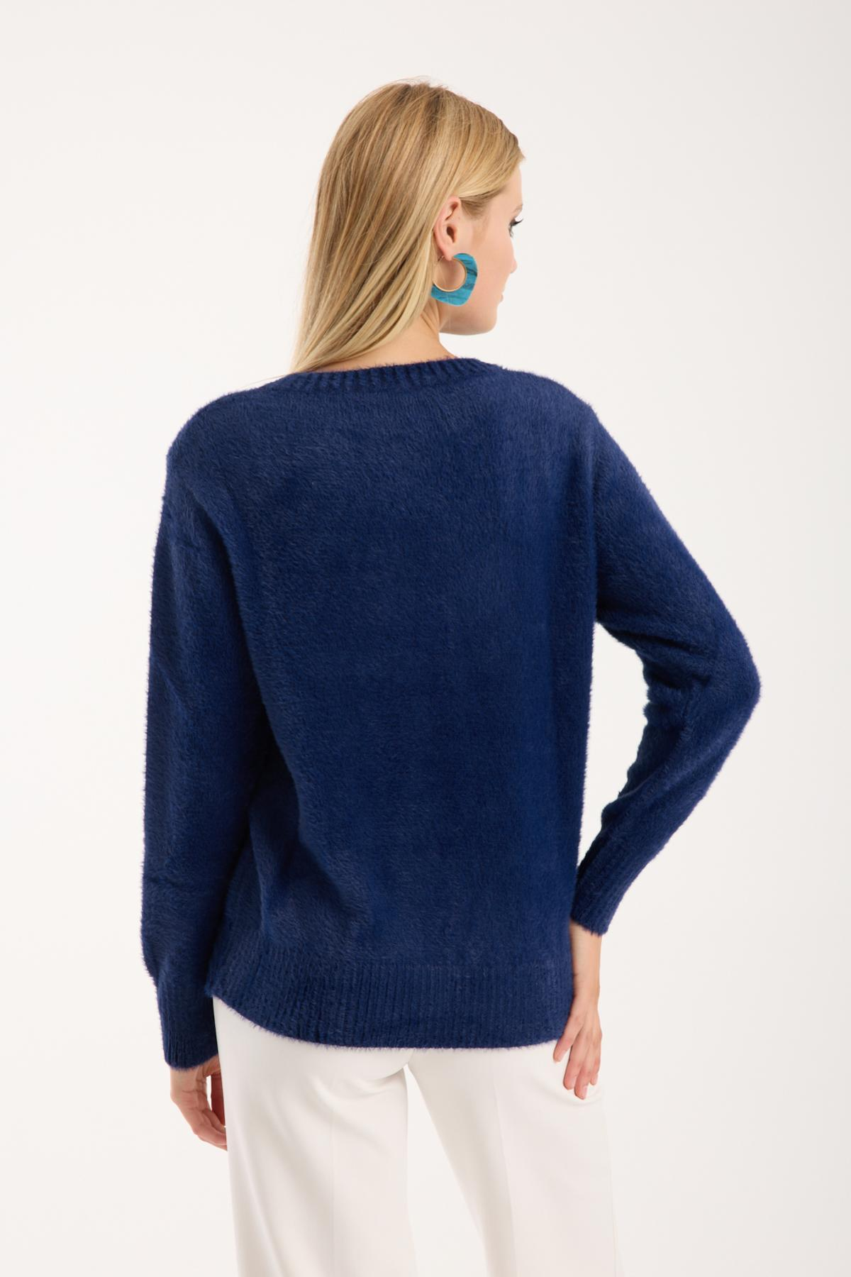 Wholesale Women Navy Crew-Neck Knit Blouse with Rhinestone and Pearl Embellishments 738887