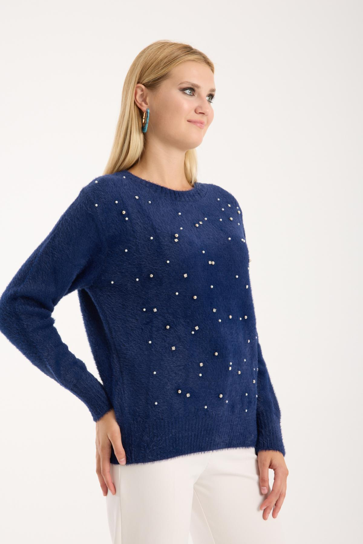 Wholesale Women Navy Crew-Neck Knit Blouse with Rhinestone and Pearl Embellishments 738887
