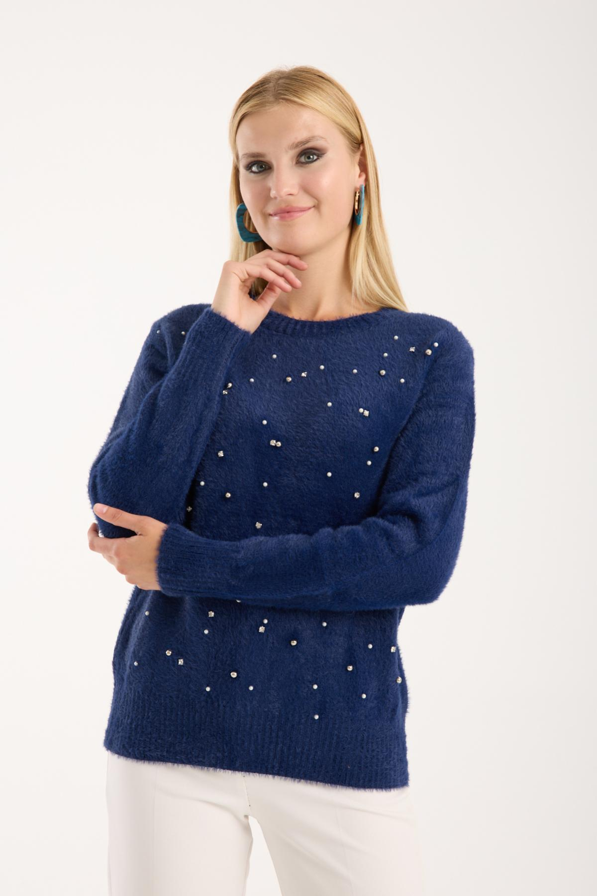 Wholesale Women Navy Crew-Neck Knit Blouse with Rhinestone and Pearl Embellishments 738887