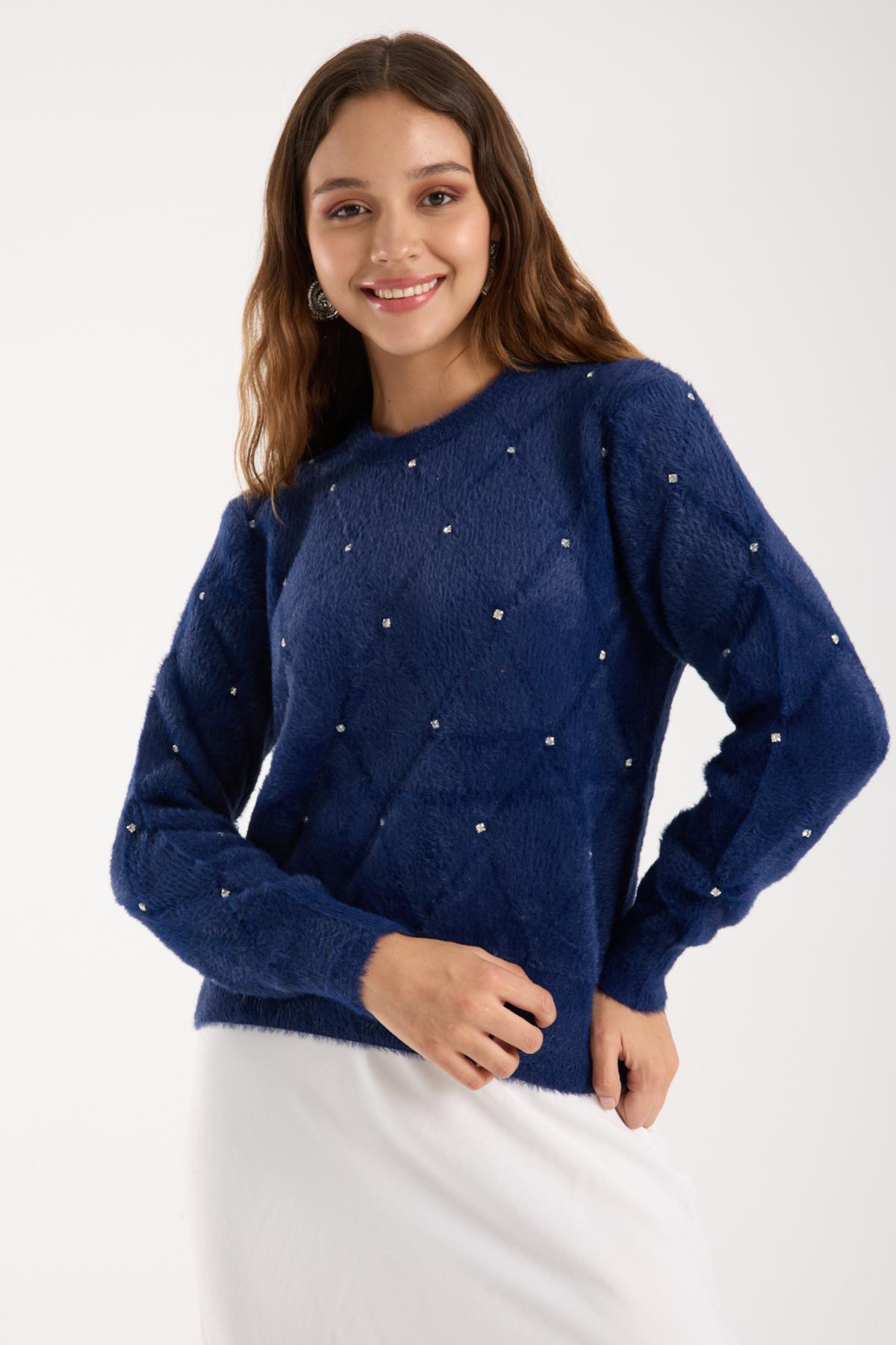 Wholesale Women Navy Crew-Neck Knit Blouse with Rhinestone Embellishments 738894