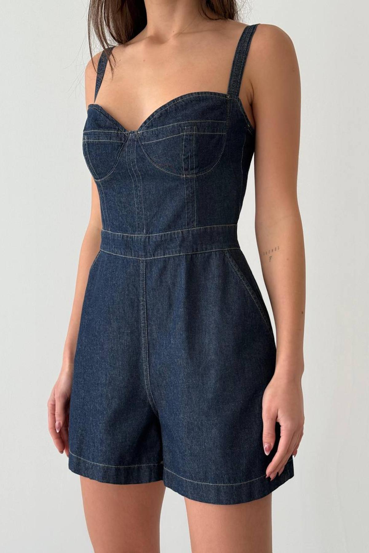 Wholesale Women Navy Denim Jumpsuit 728353