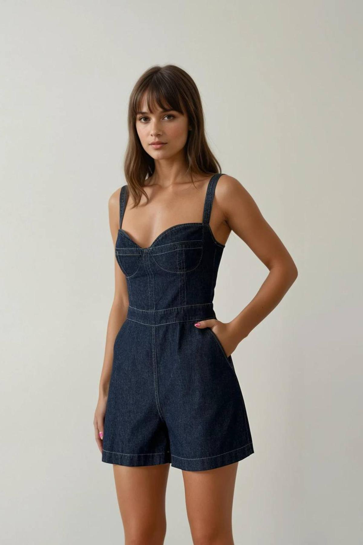 Wholesale Women Navy Denim Jumpsuit 728353